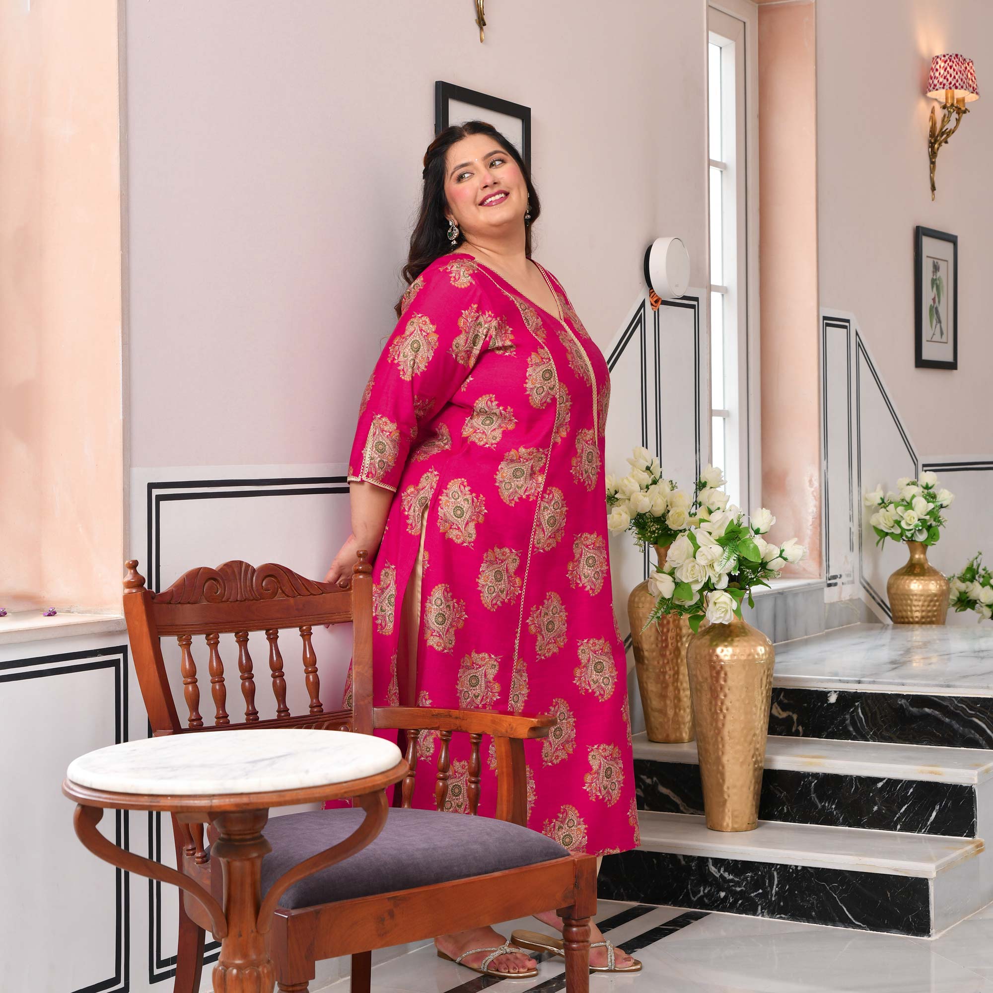 Sundari- Hot Pink Floral Printed Viscose A-line Kurta
