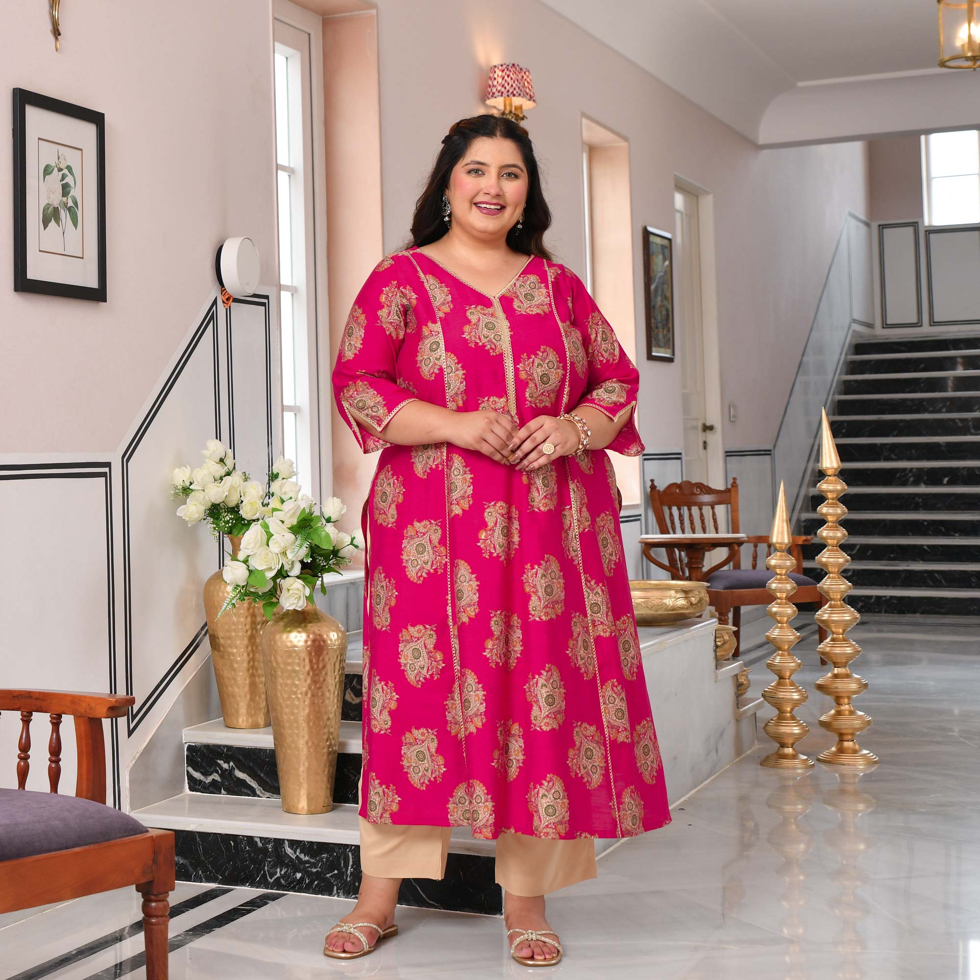 Sundari- Hot Pink Floral Printed Viscose A-line Kurta
