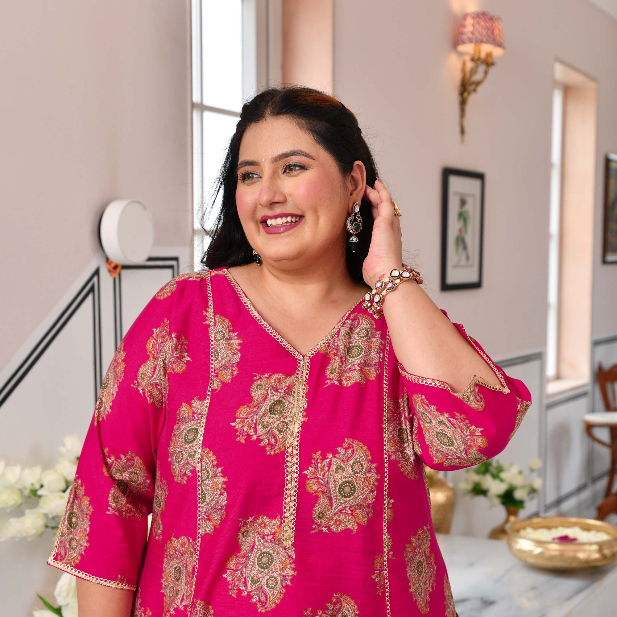 Sundari- Hot Pink Floral Printed Viscose A-line Kurta