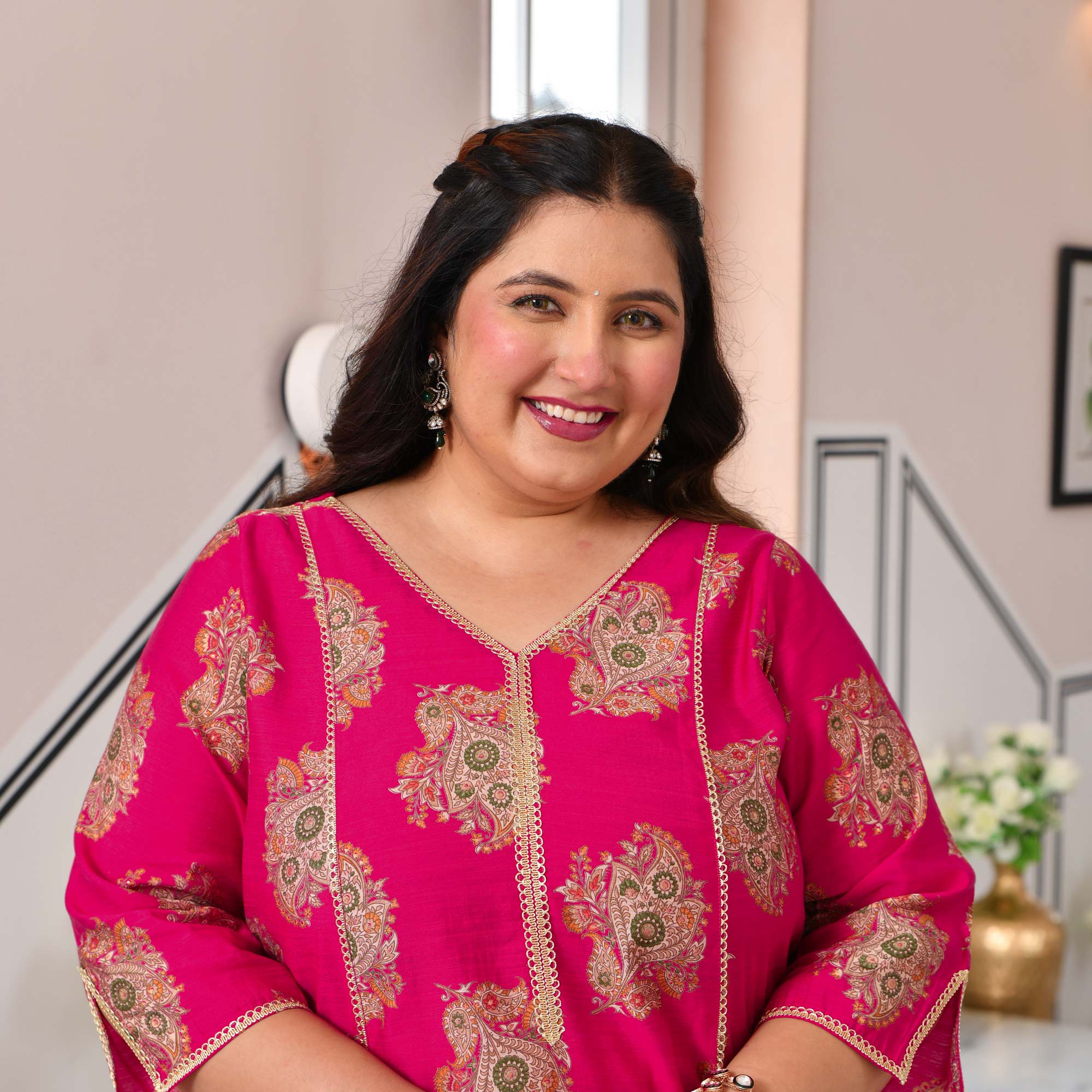 Sundari- Hot Pink Floral Printed Viscose A-line Kurta
