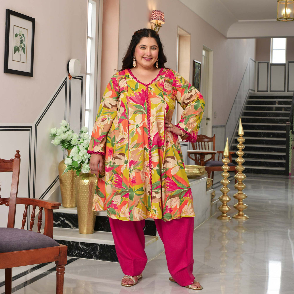 Monica- Lime Gardenia Floral Rayon Cotton Farshi Set