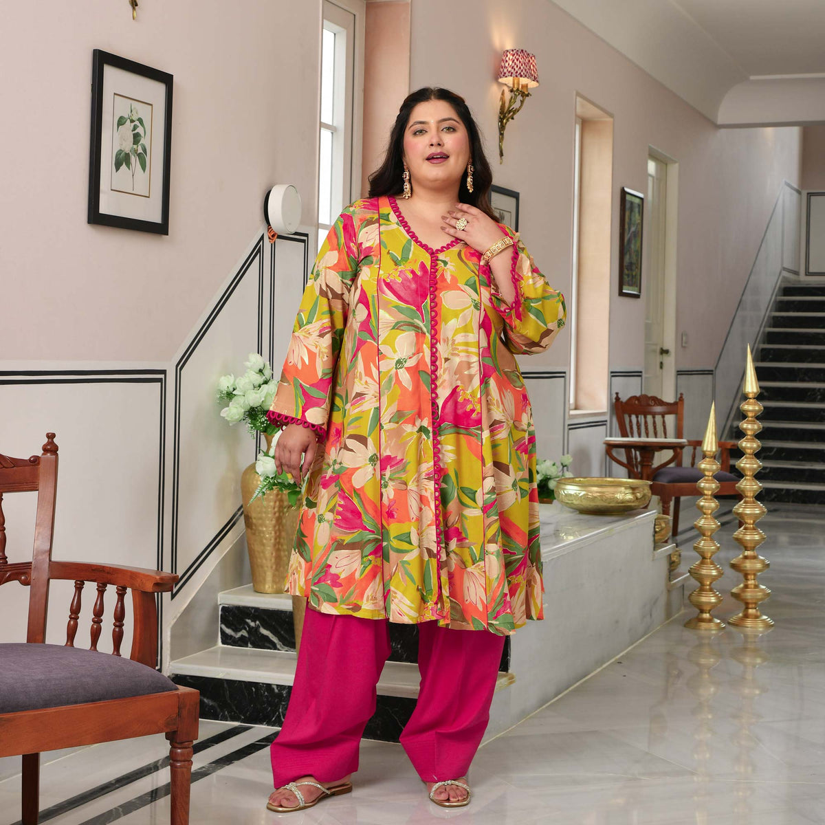 Monica- Lime Gardenia Floral Rayon Cotton Farshi Set