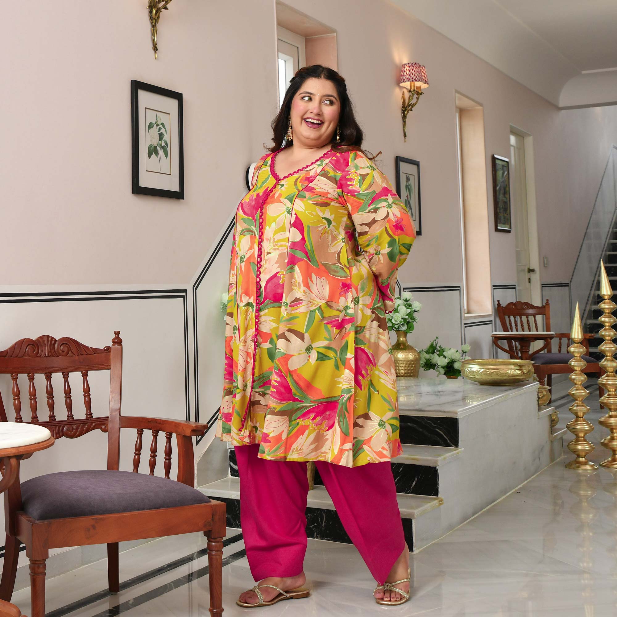 Monica- Lime Gardenia Floral Rayon Cotton Farshi Set