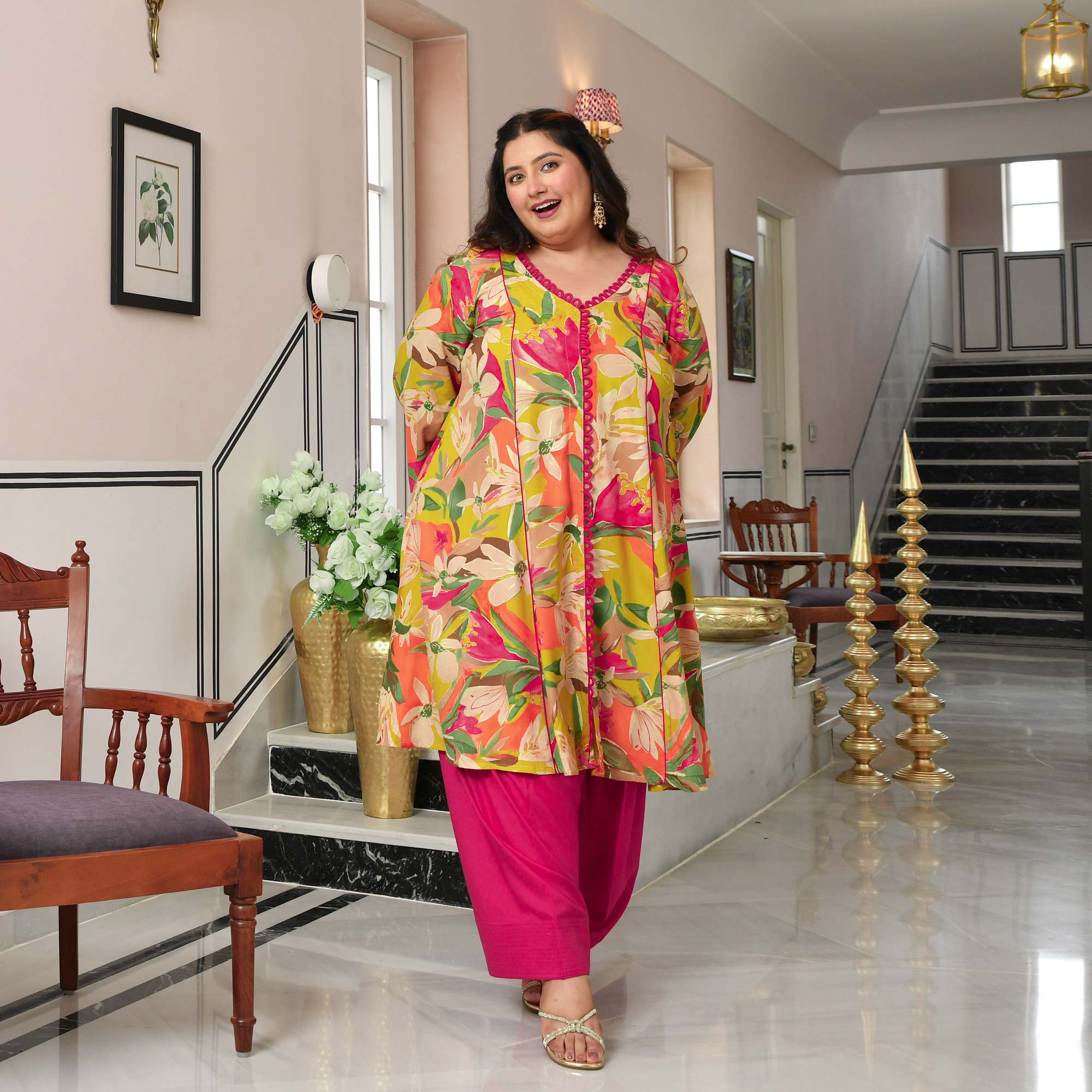 Monica- Lime Gardenia Floral Rayon Cotton Farshi Set