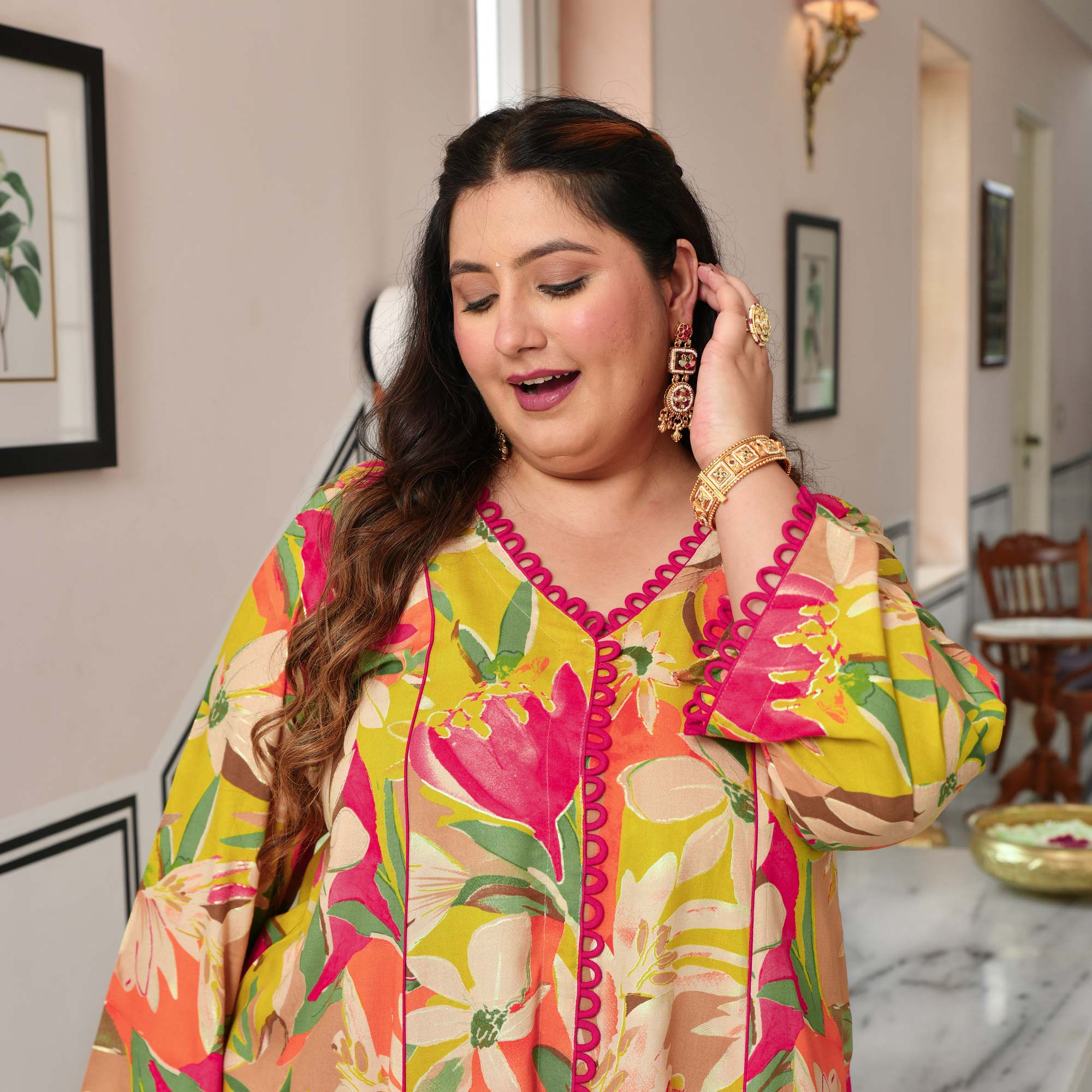 Monica- Lime Gardenia Floral Rayon Cotton Farshi Set