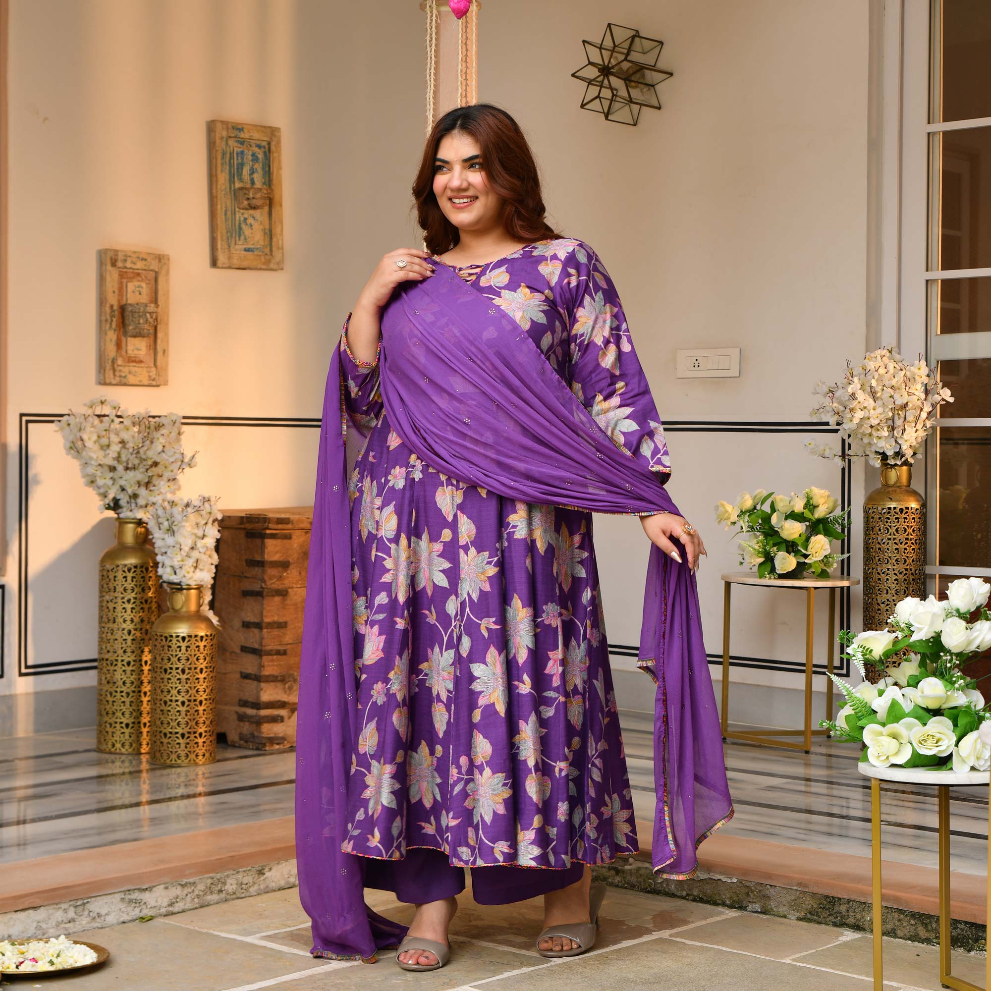 Radhika- Deep Purple Floral Modal Viscose Anarkali Set