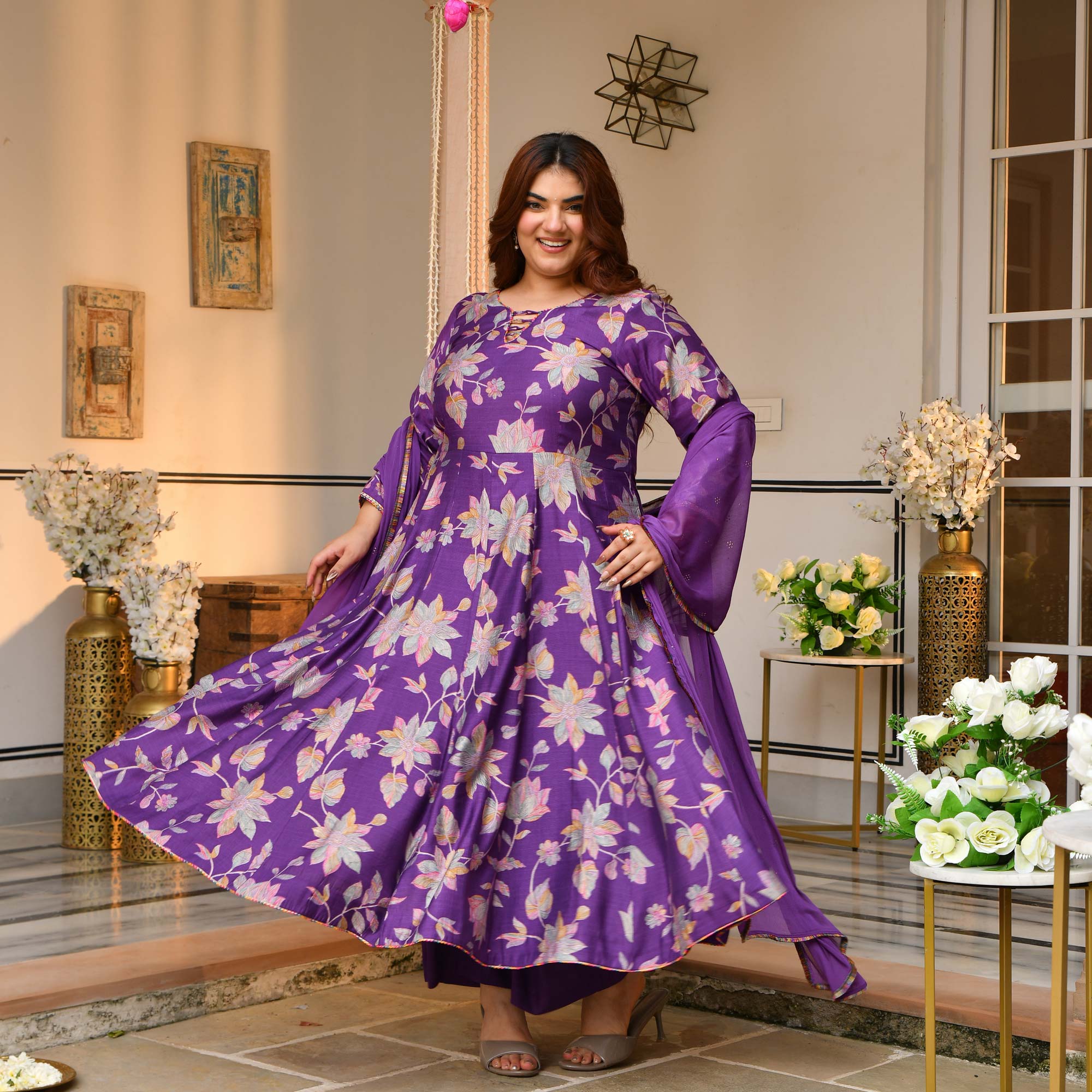 Radhika- Deep Purple Floral Modal Viscose Anarkali Set