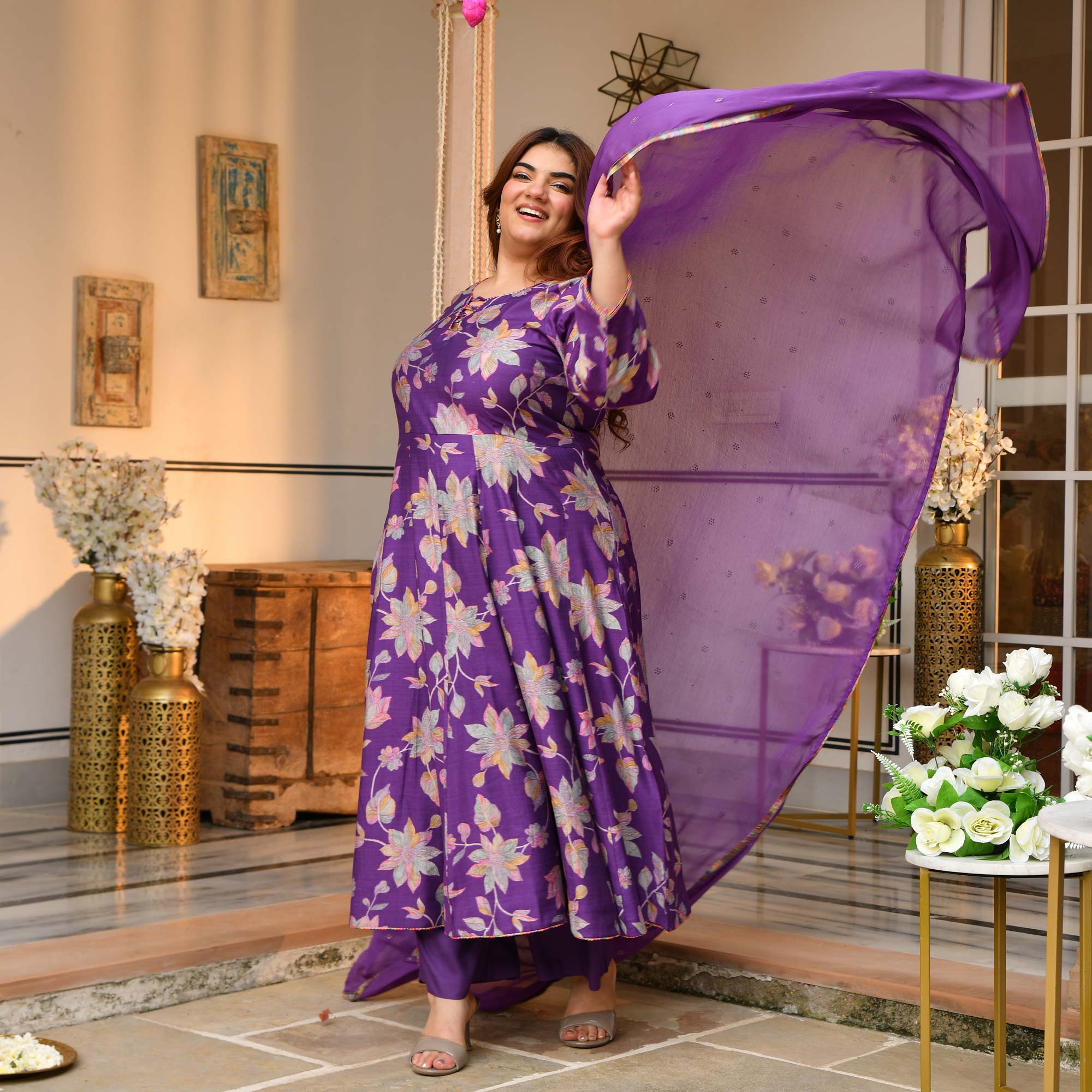 Radhika- Deep Purple Floral Modal Viscose Anarkali Set