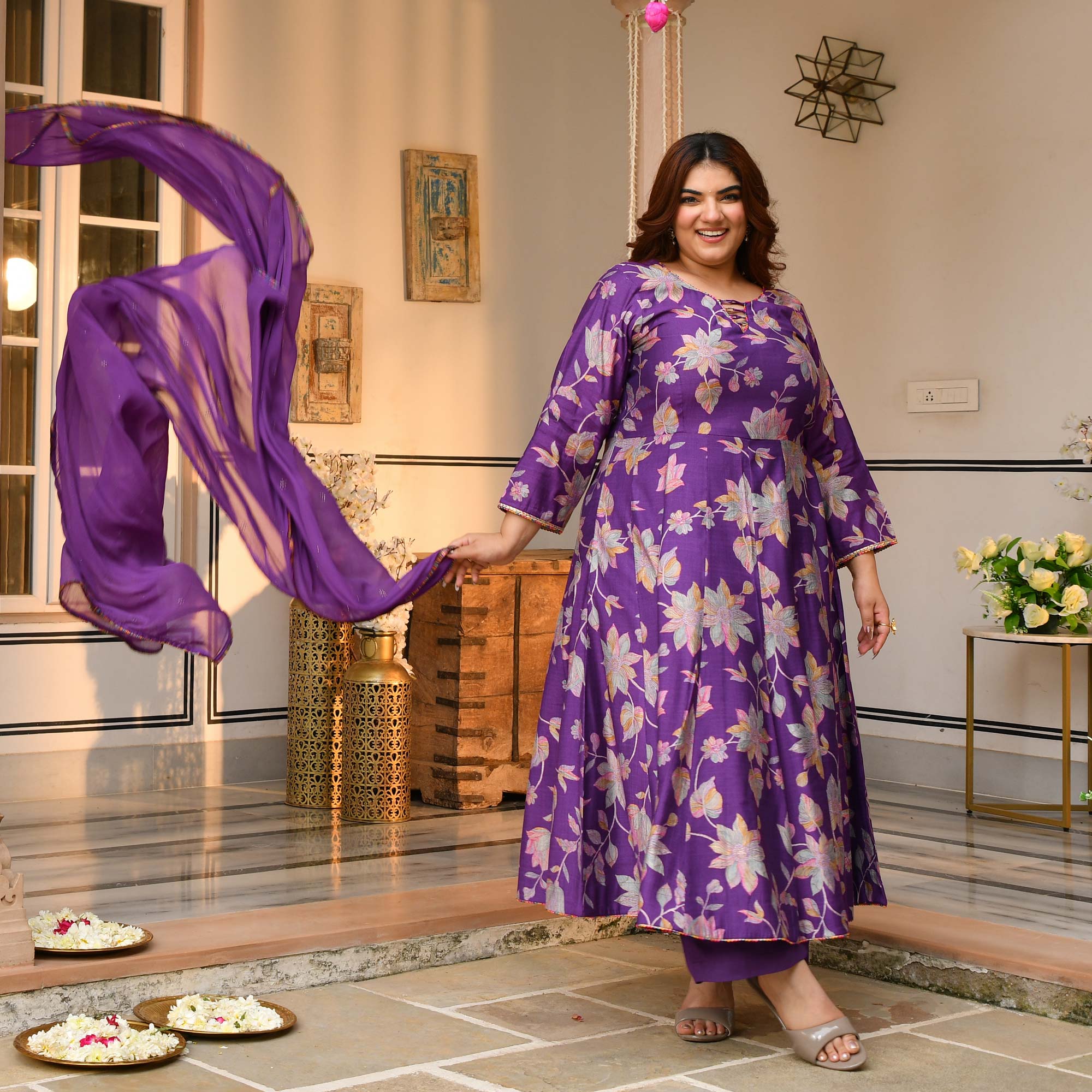 Radhika- Deep Purple Floral Modal Viscose Anarkali Set