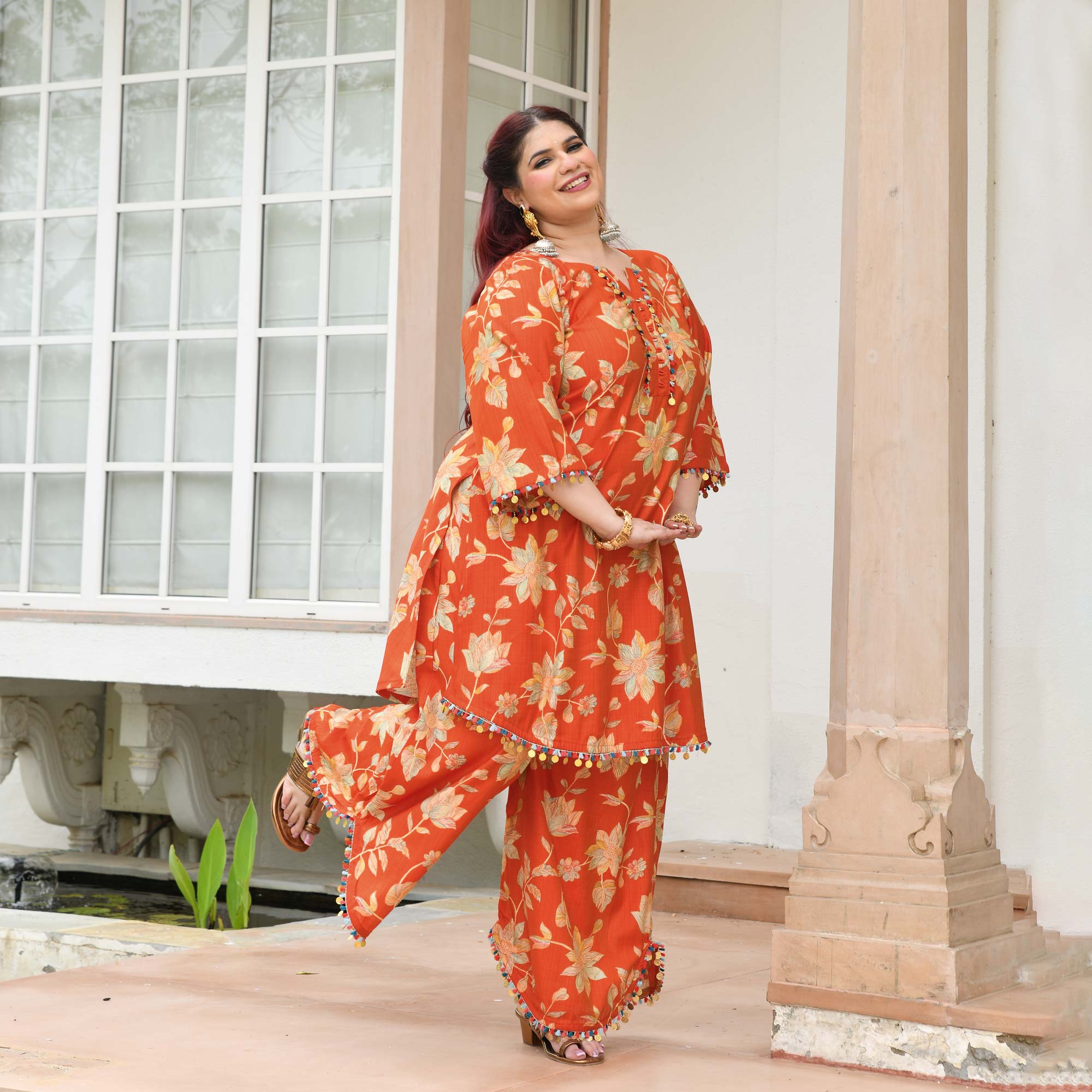 Manjari- Tangy Orange Floral Modal Viscose Co-ord Set