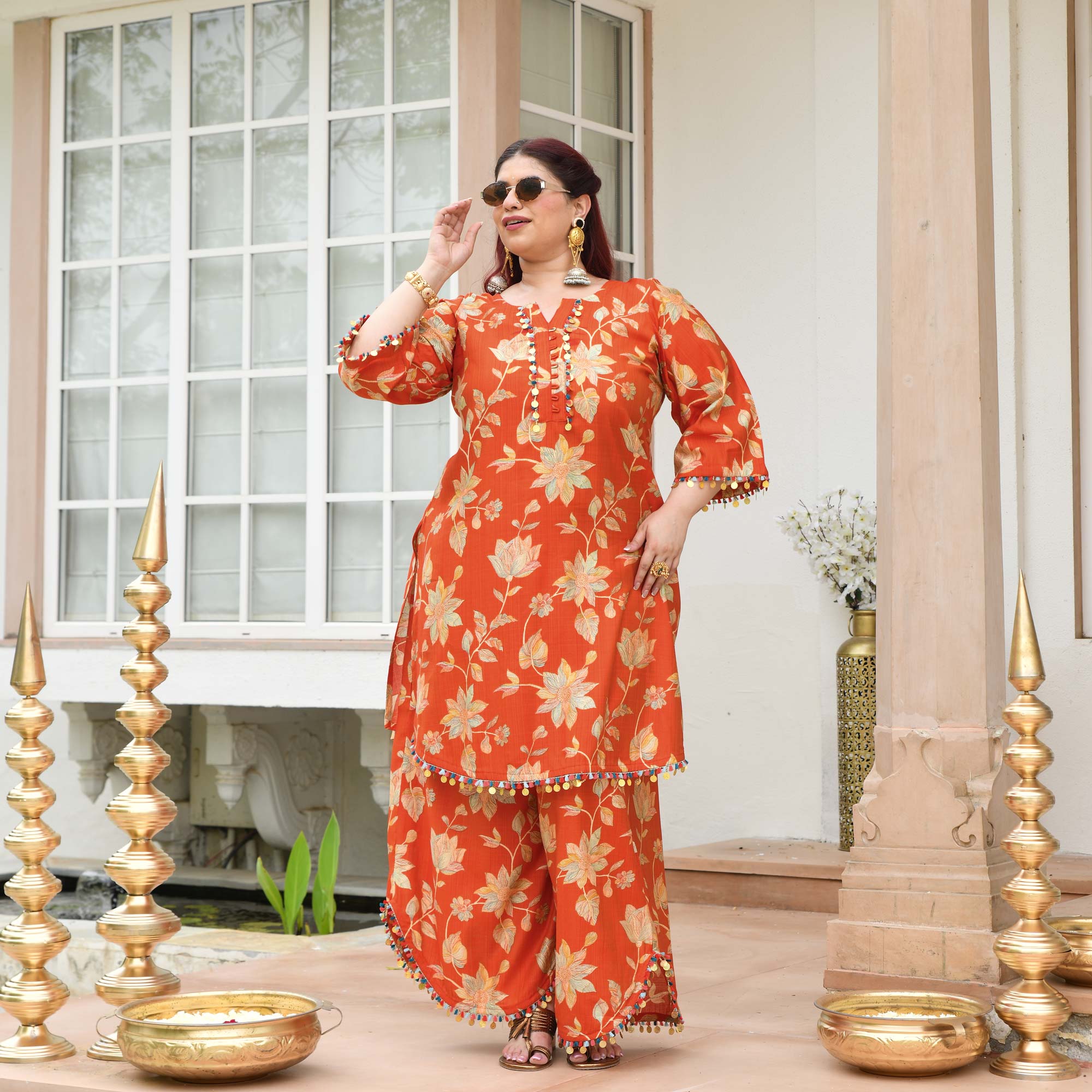 Manjari- Tangy Orange Floral Modal Viscose Co-ord Set