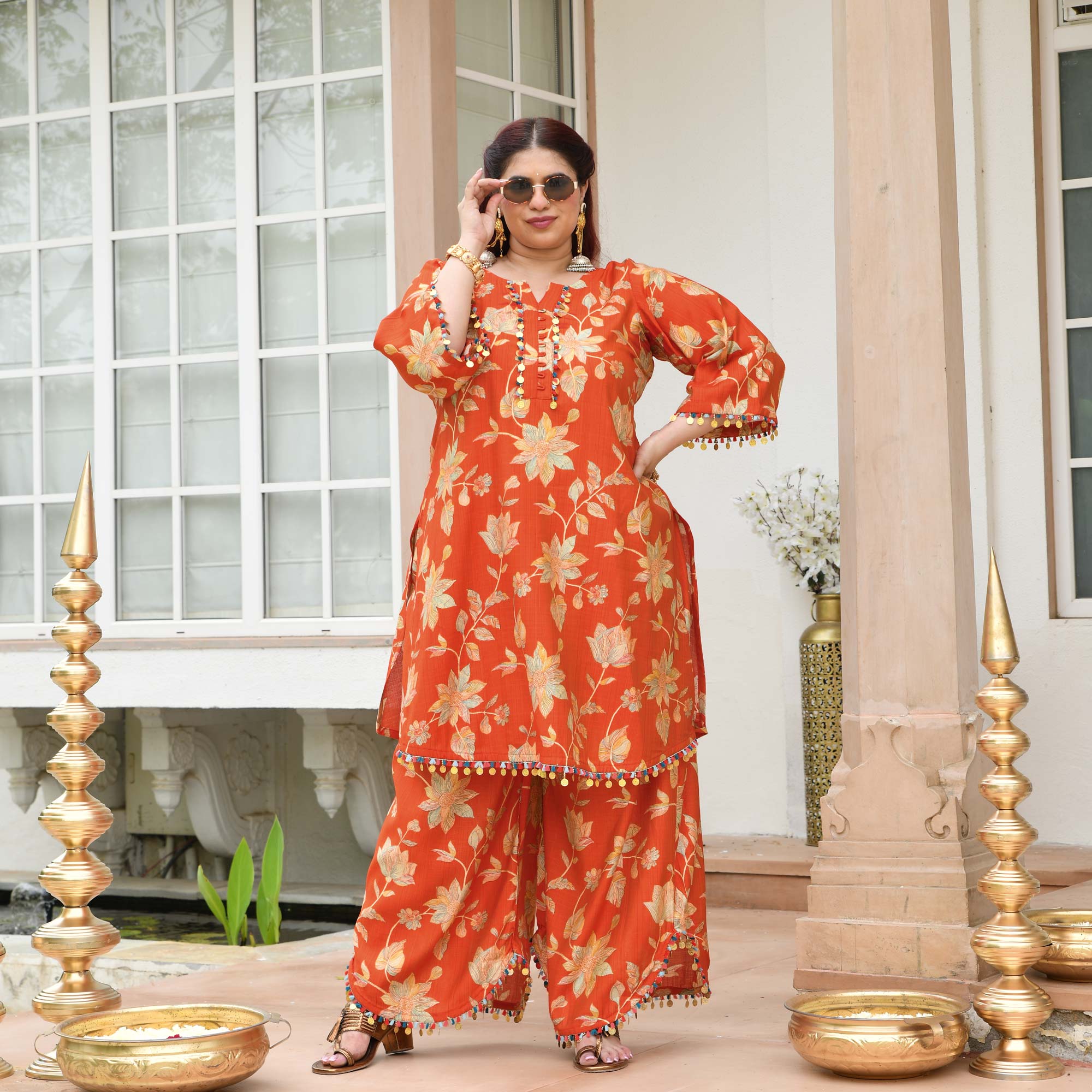 Manjari- Tangy Orange Floral Modal Viscose Co-ord Set