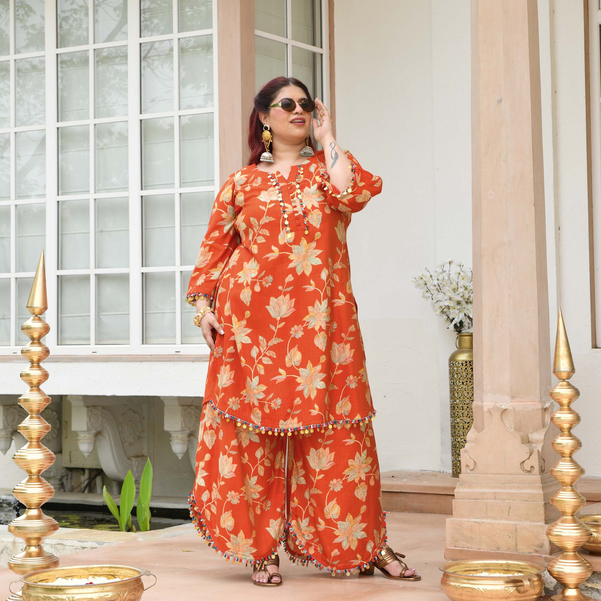 Manjari- Tangy Orange Floral Modal Viscose Co-ord Set