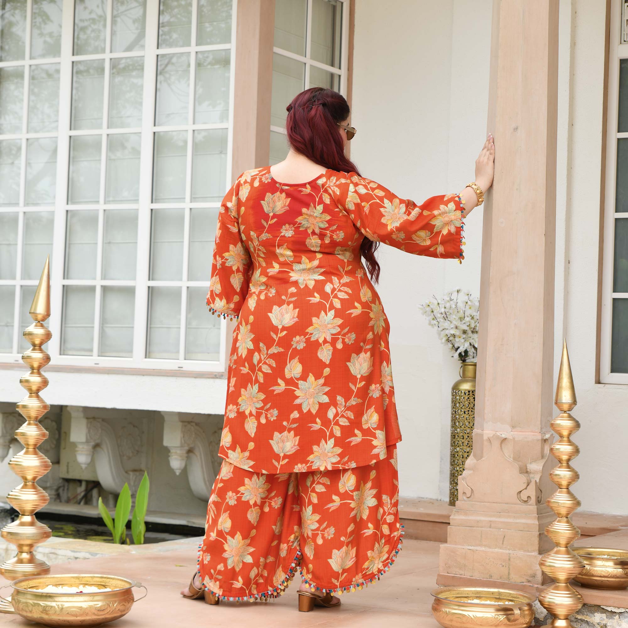 Manjari- Tangy Orange Floral Modal Viscose Co-ord Set