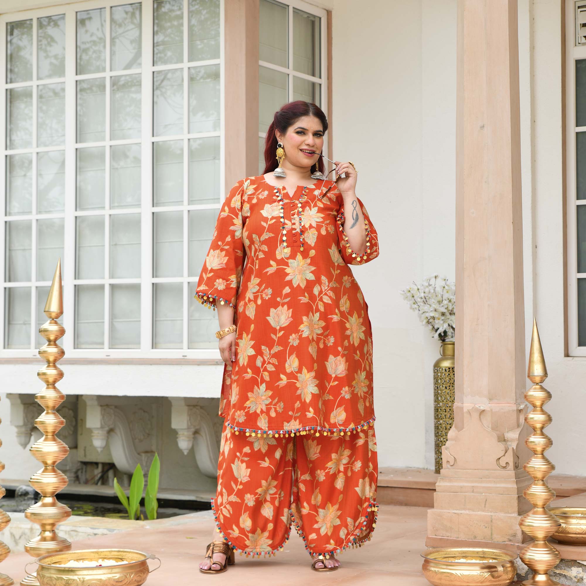Manjari- Tangy Orange Floral Modal Viscose Co-ord Set