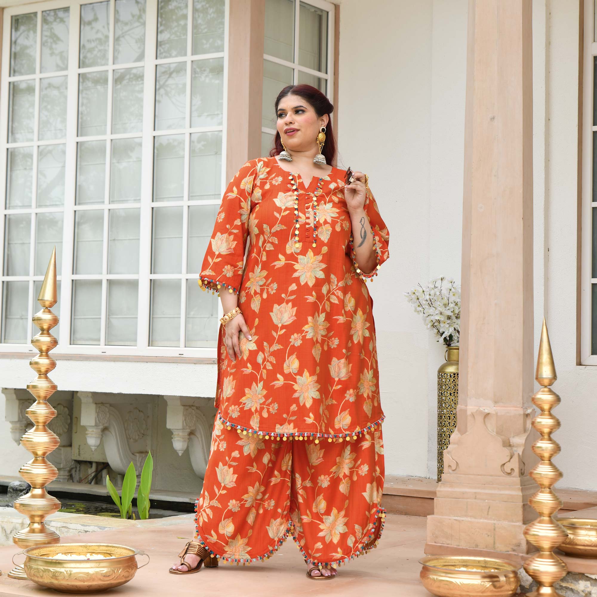 Manjari- Tangy Orange Floral Modal Viscose Co-ord Set