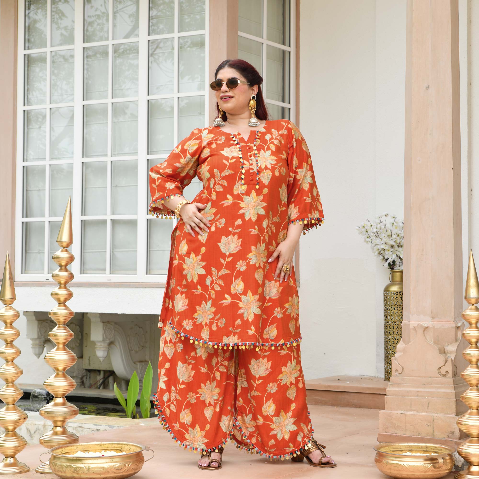 Manjari- Tangy Orange Floral Modal Viscose Co-ord Set