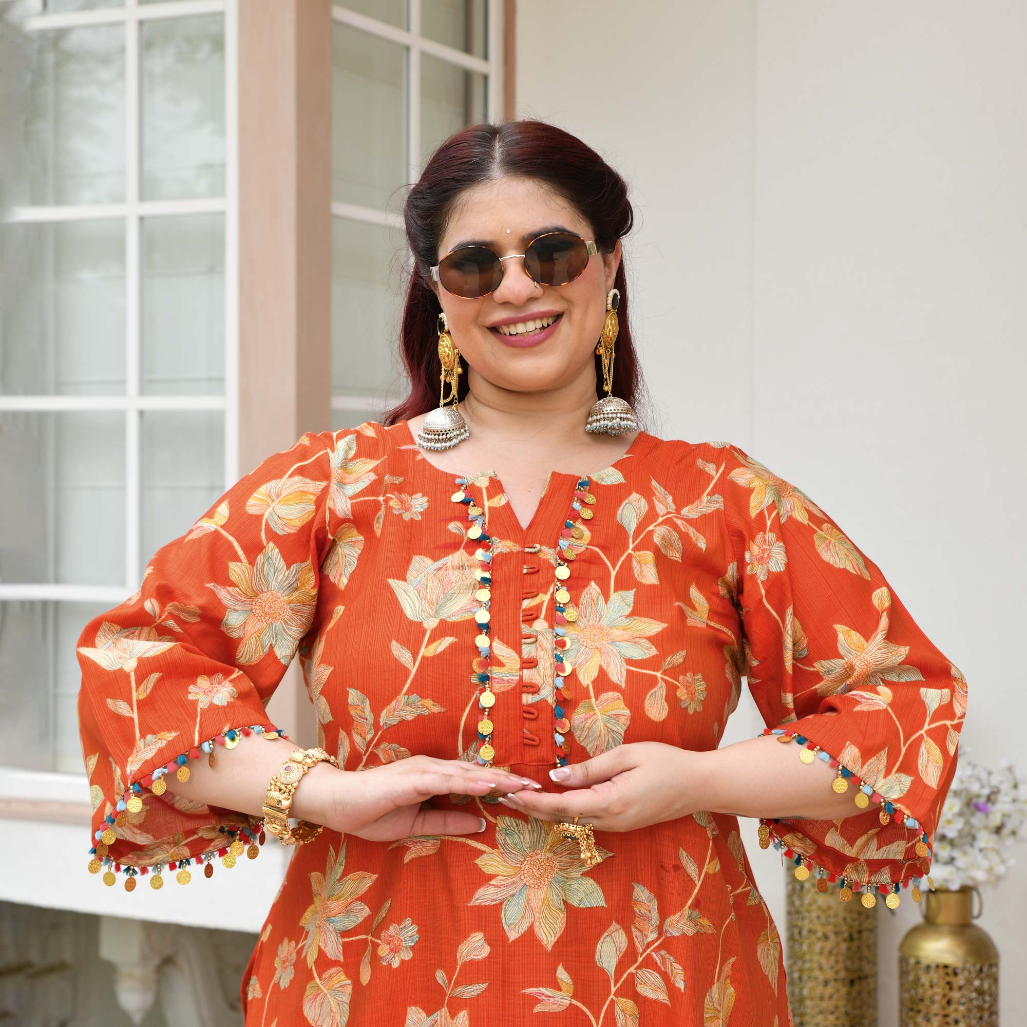 Manjari- Tangy Orange Floral Modal Viscose Co-ord Set