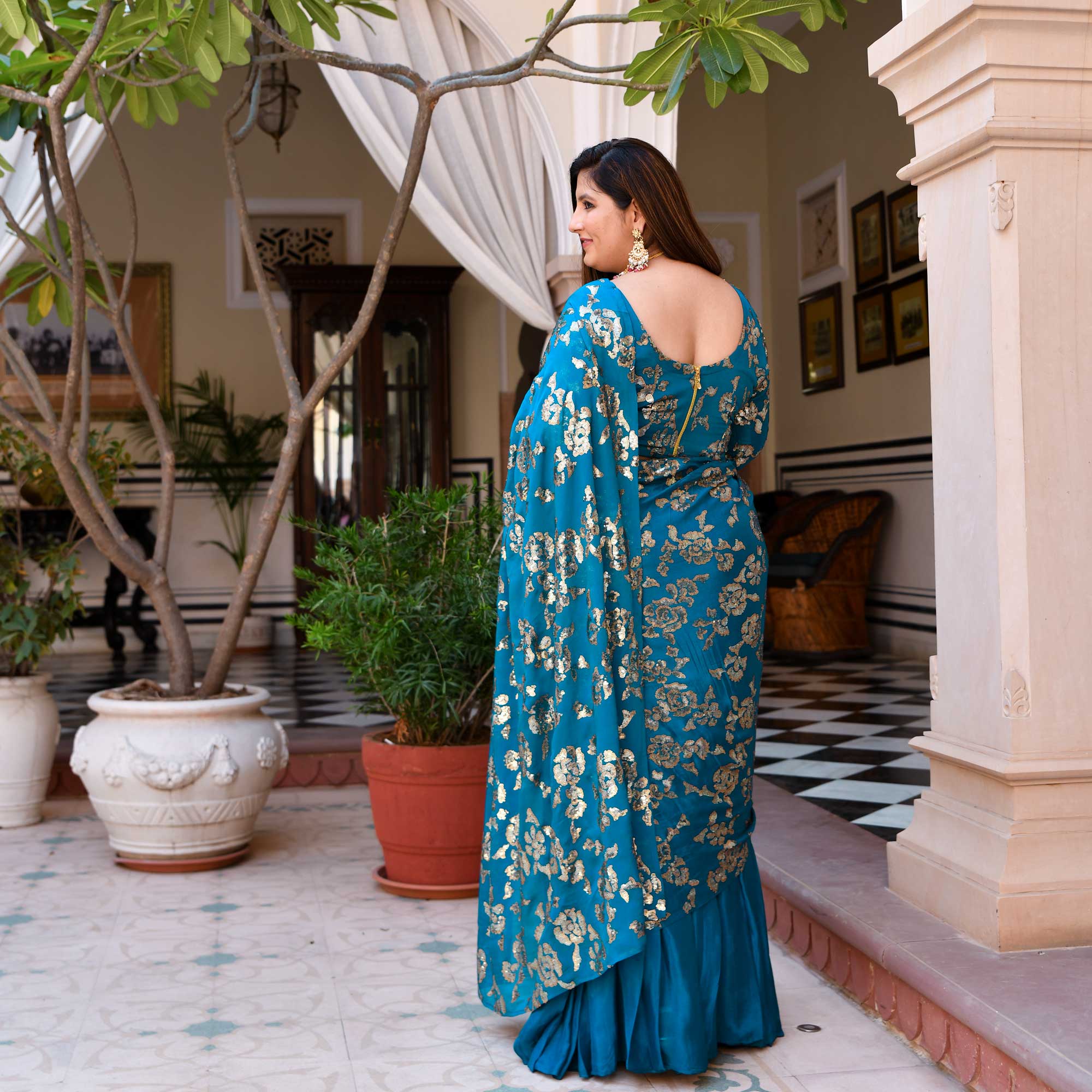 Breezy Blue Glam Sequin Embroidered Drape Saree Set