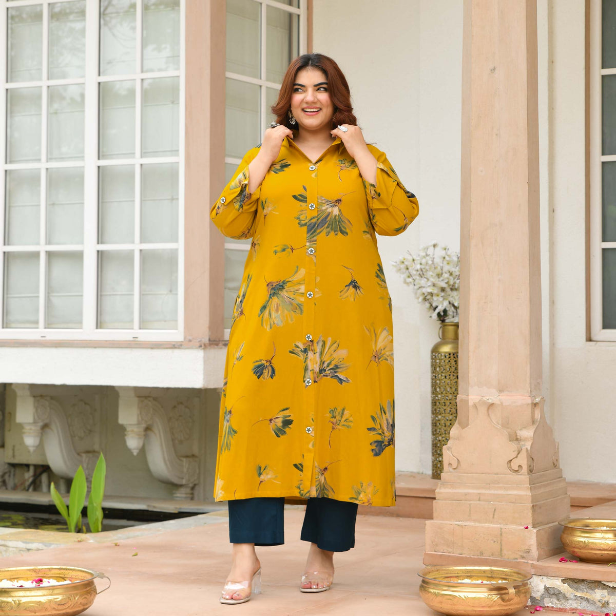 Alice- Mustard Floral Printed Heavy GSM Rayon Cotton Kurta