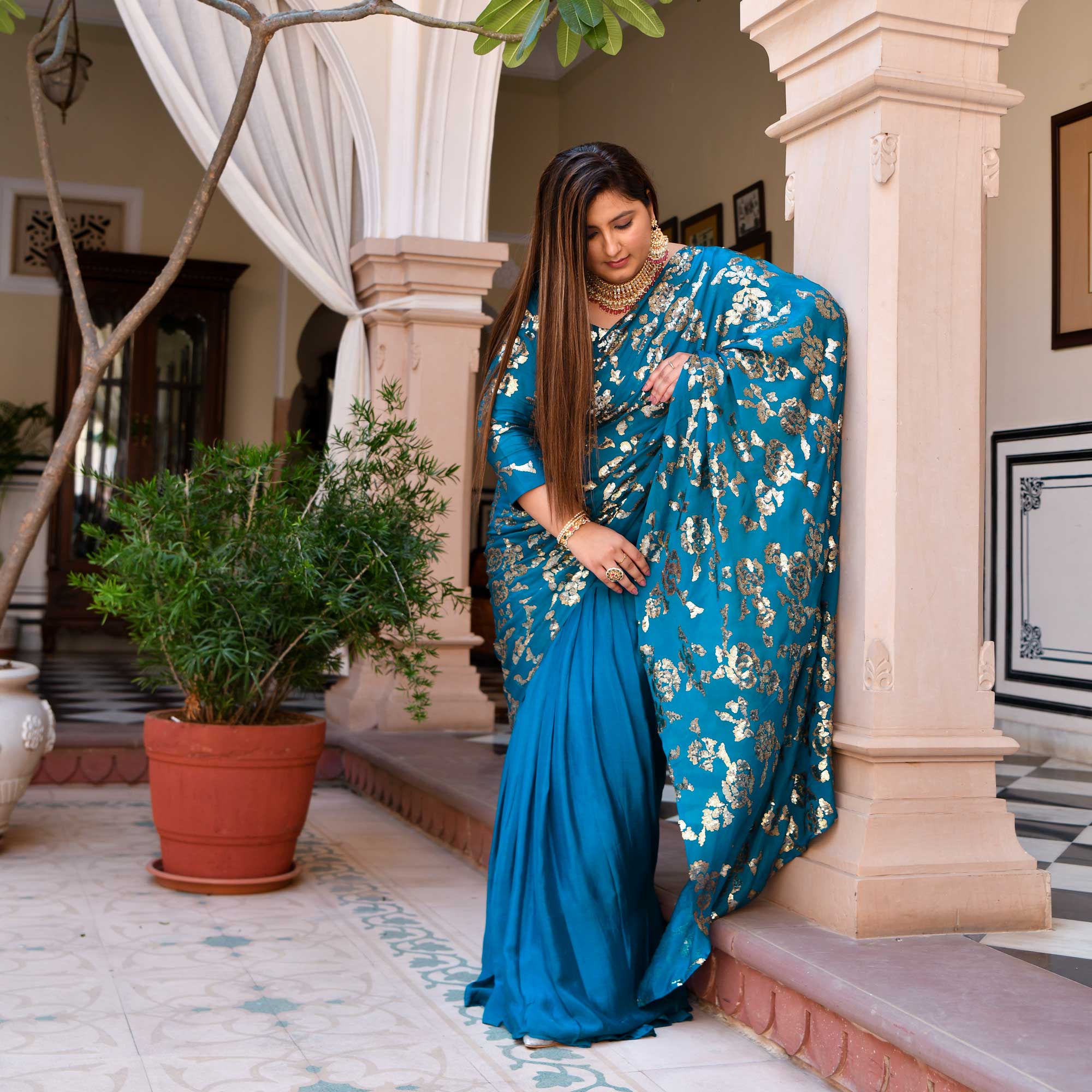 Breezy Blue Glam Sequin Embroidered Drape Saree Set