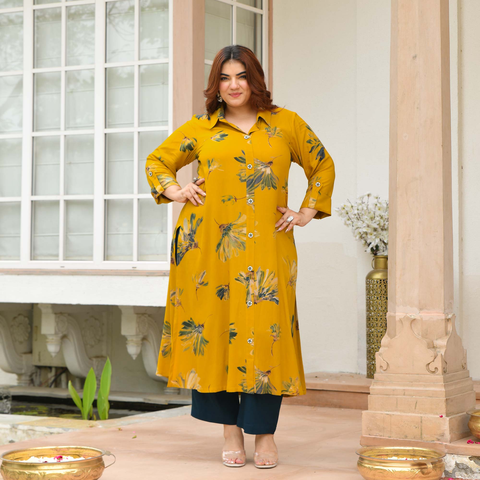 Alice- Mustard Floral Printed Heavy GSM Rayon Cotton Kurta