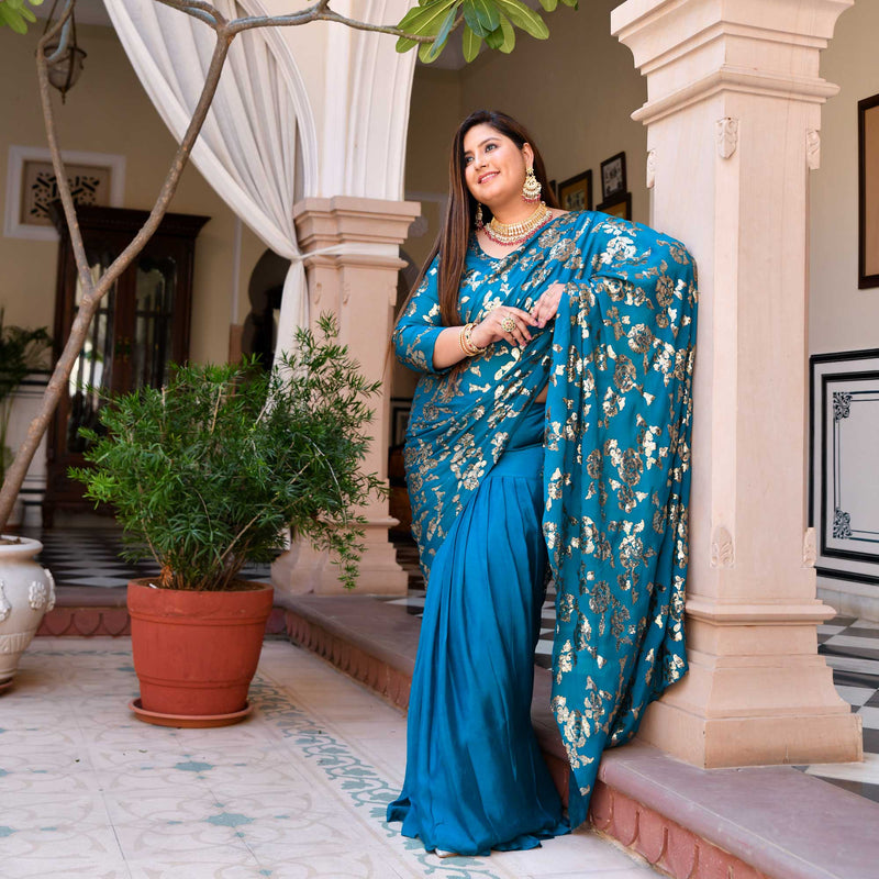 Breezy Blue Glam Sequin Embroidered Drape Saree Set