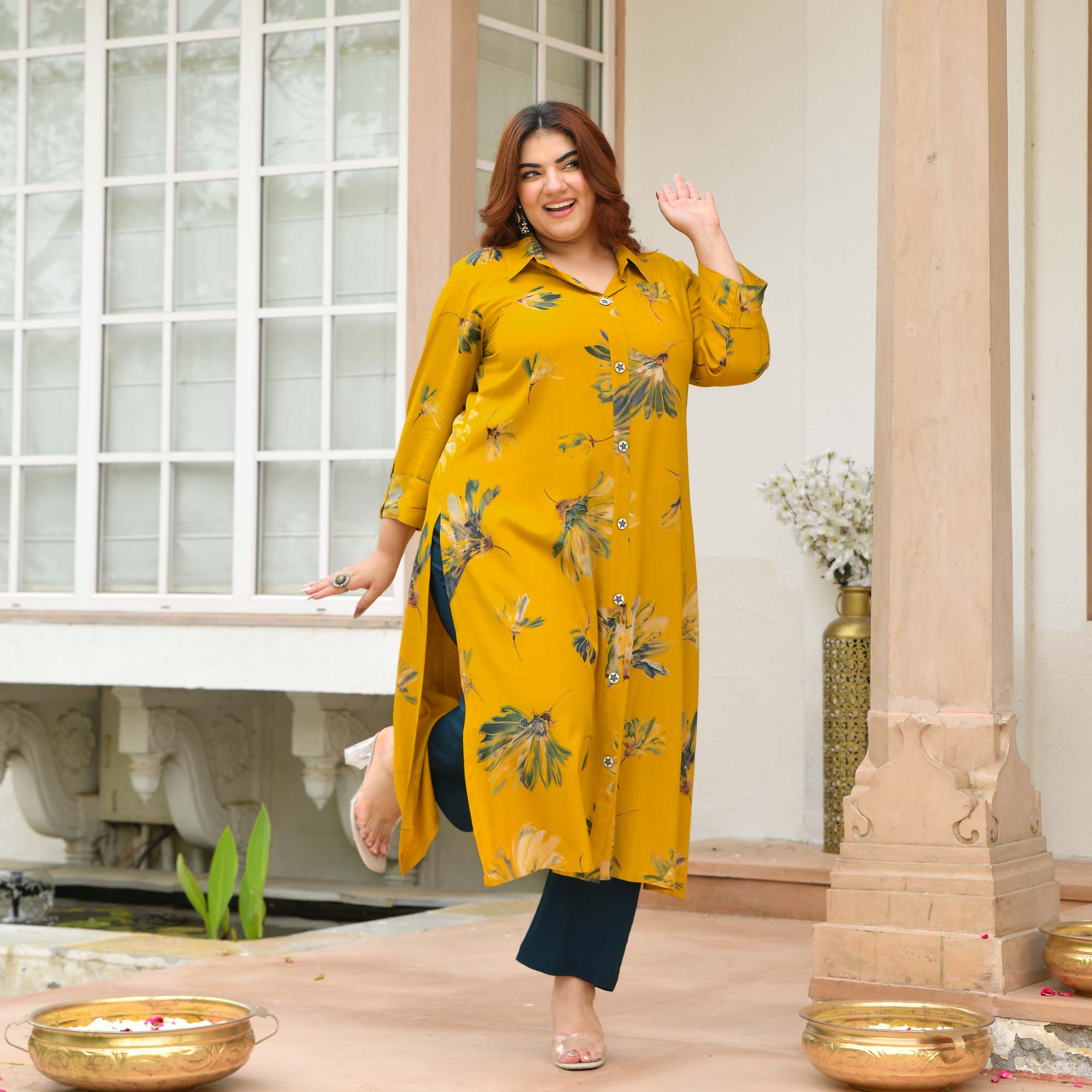 Alice- Mustard Floral Printed Heavy GSM Rayon Cotton Kurta