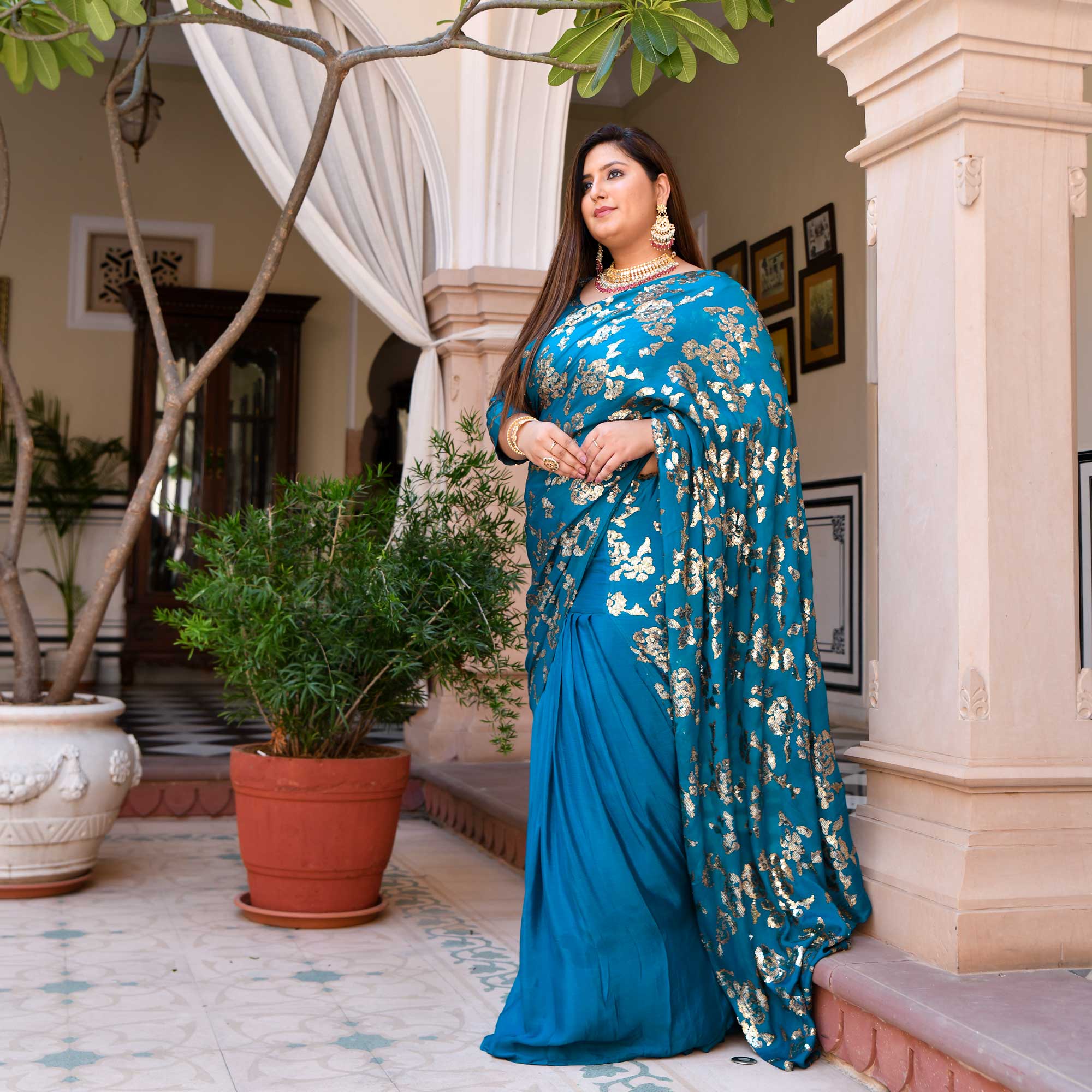 Breezy Blue Glam Sequin Embroidered Drape Saree Set