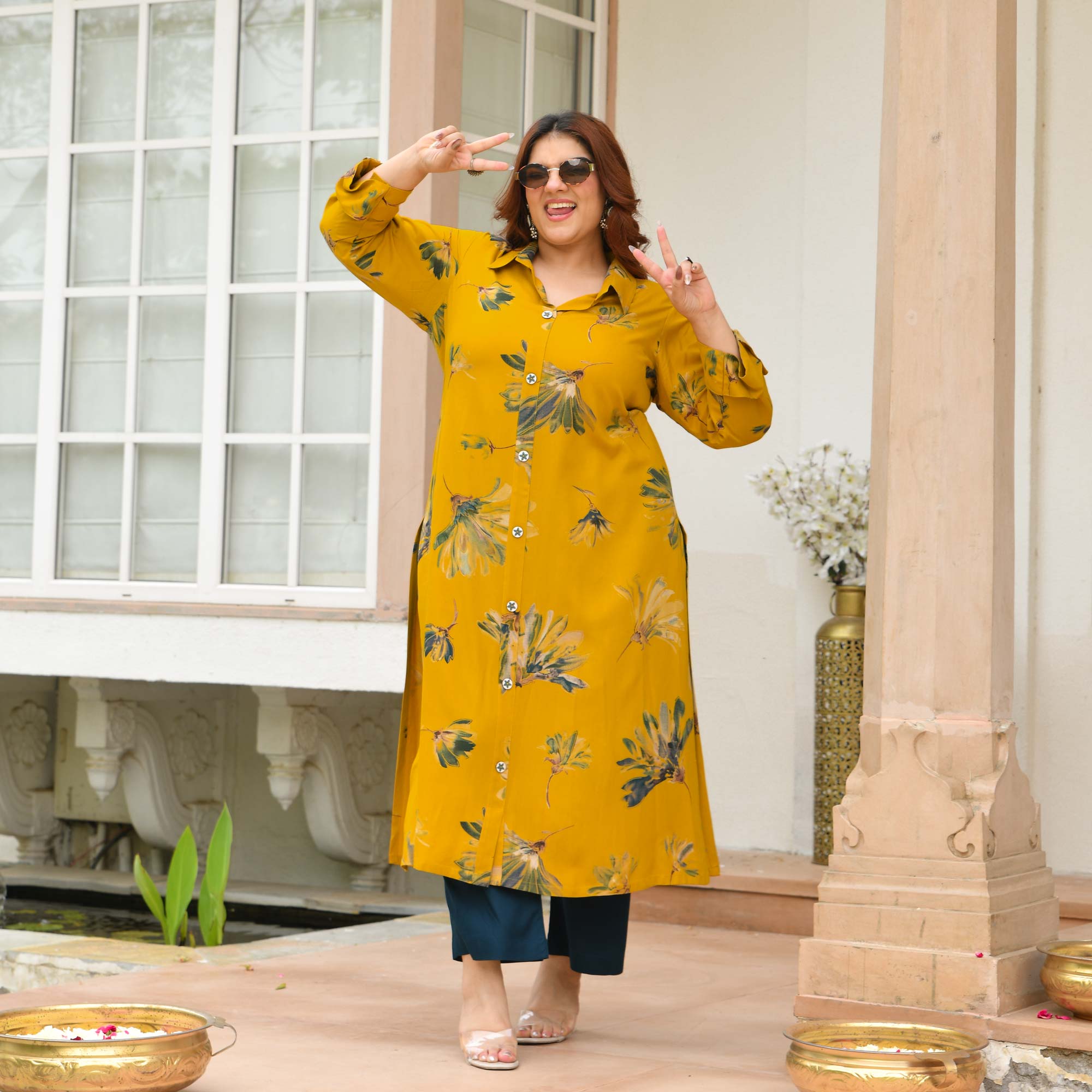 Alice- Mustard Floral Printed Heavy GSM Rayon Cotton Kurta