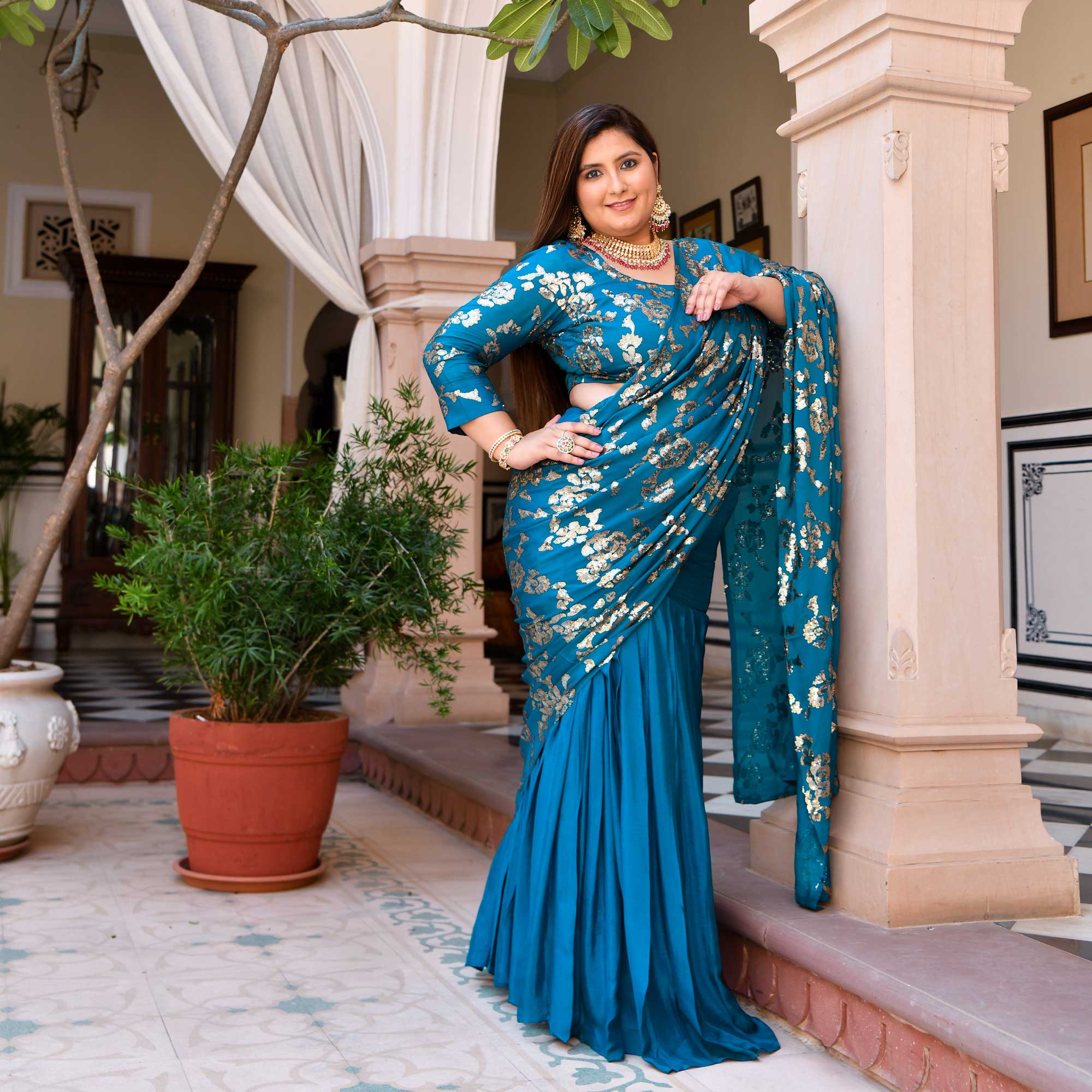 Breezy Blue Glam Sequin Embroidered Drape Saree Set