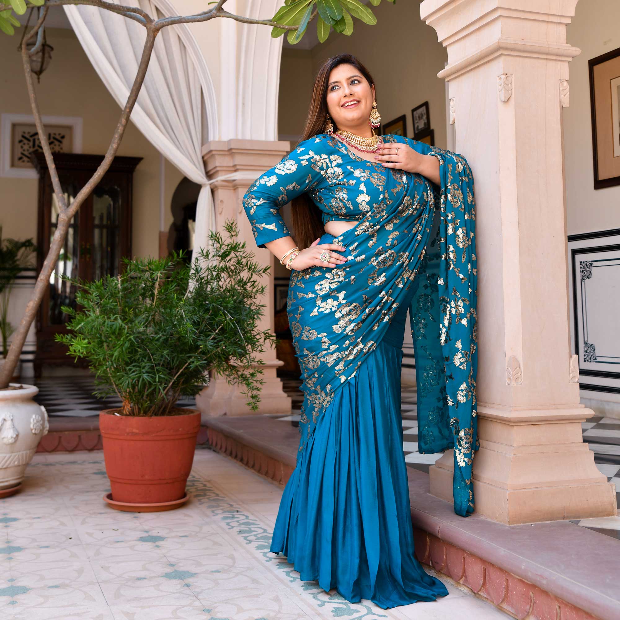 Breezy Blue Glam Sequin Embroidered Drape Saree Set