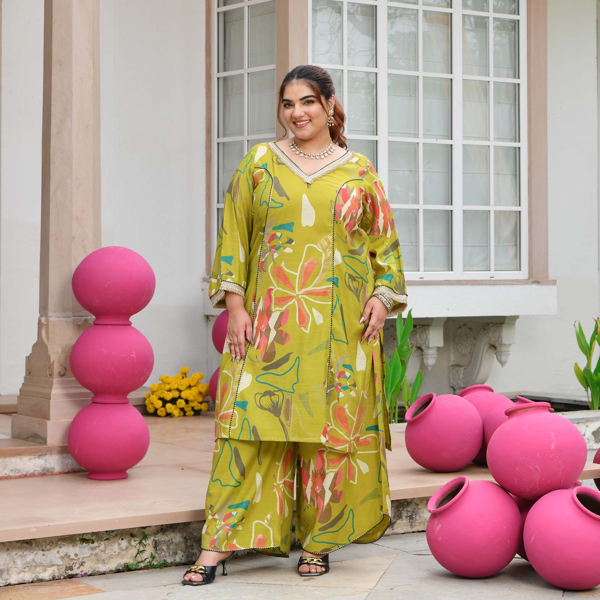 Malvika- Lime Floral Modal Viscose Co-ord Set