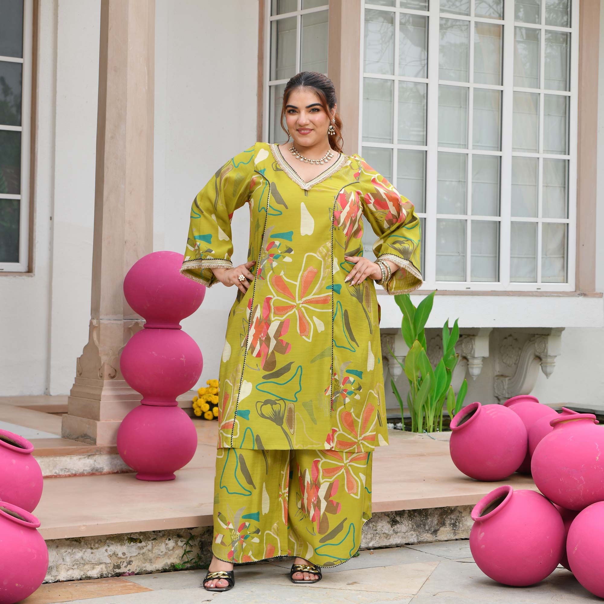 Malvika- Lime Floral Modal Viscose Co-ord Set