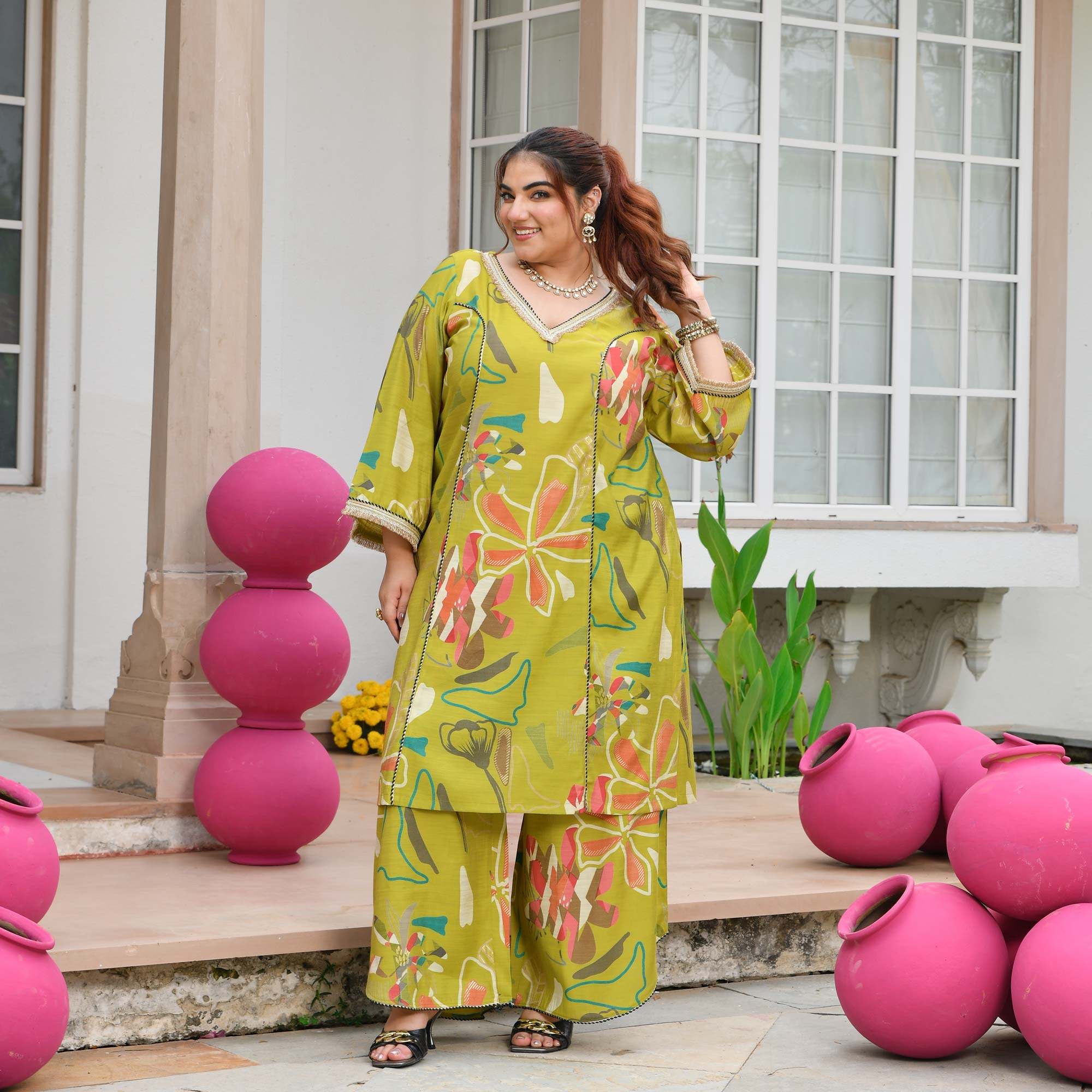 Malvika- Lime Floral Modal Viscose Co-ord Set