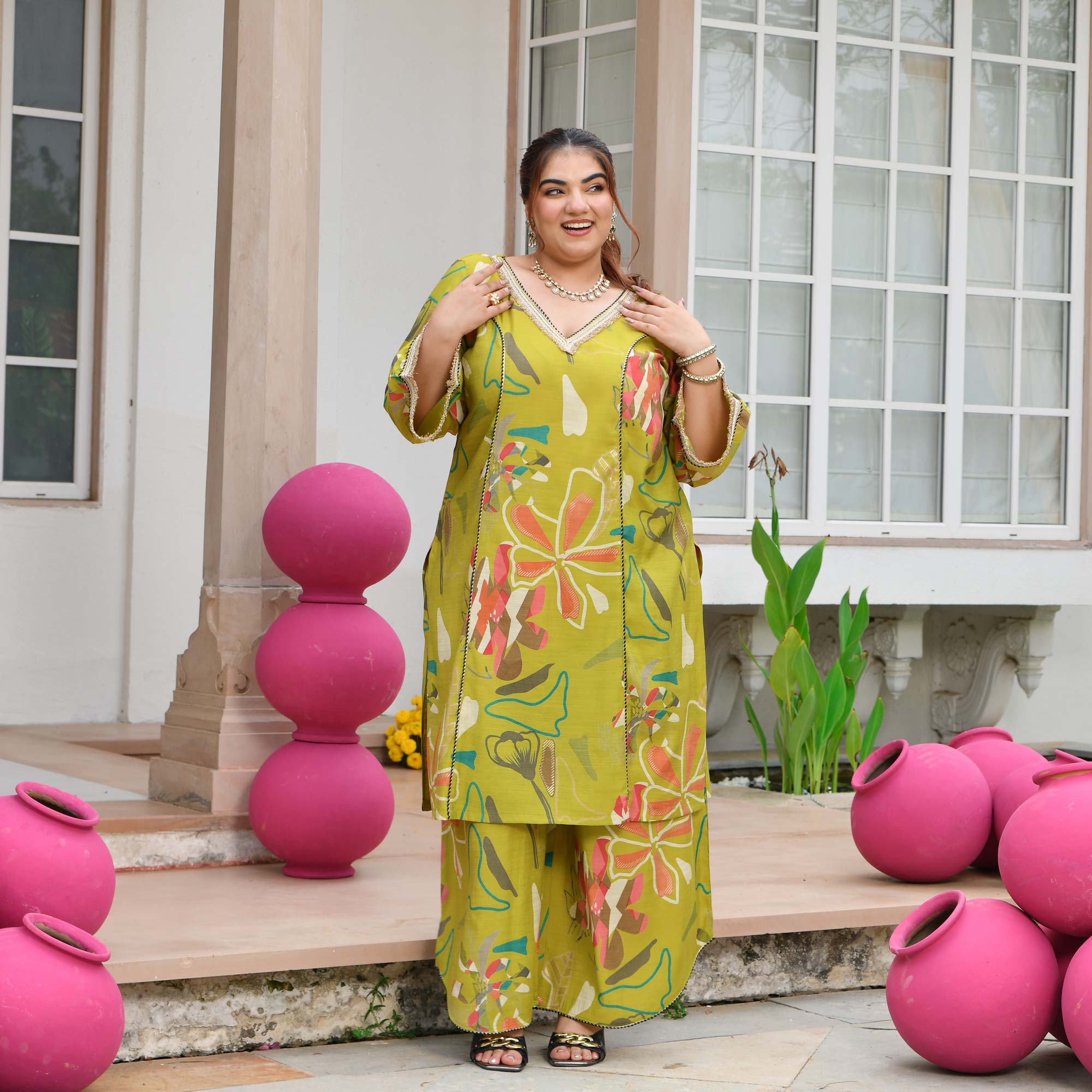 Malvika- Lime Floral Modal Viscose Co-ord Set