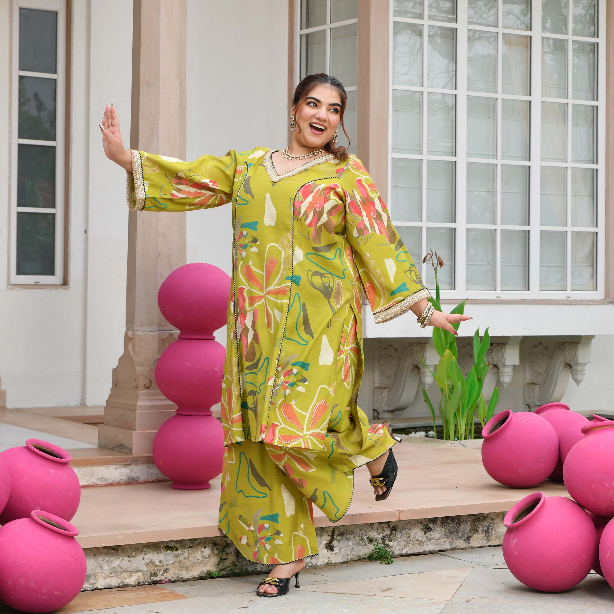 Malvika- Lime Floral Modal Viscose Co-ord Set