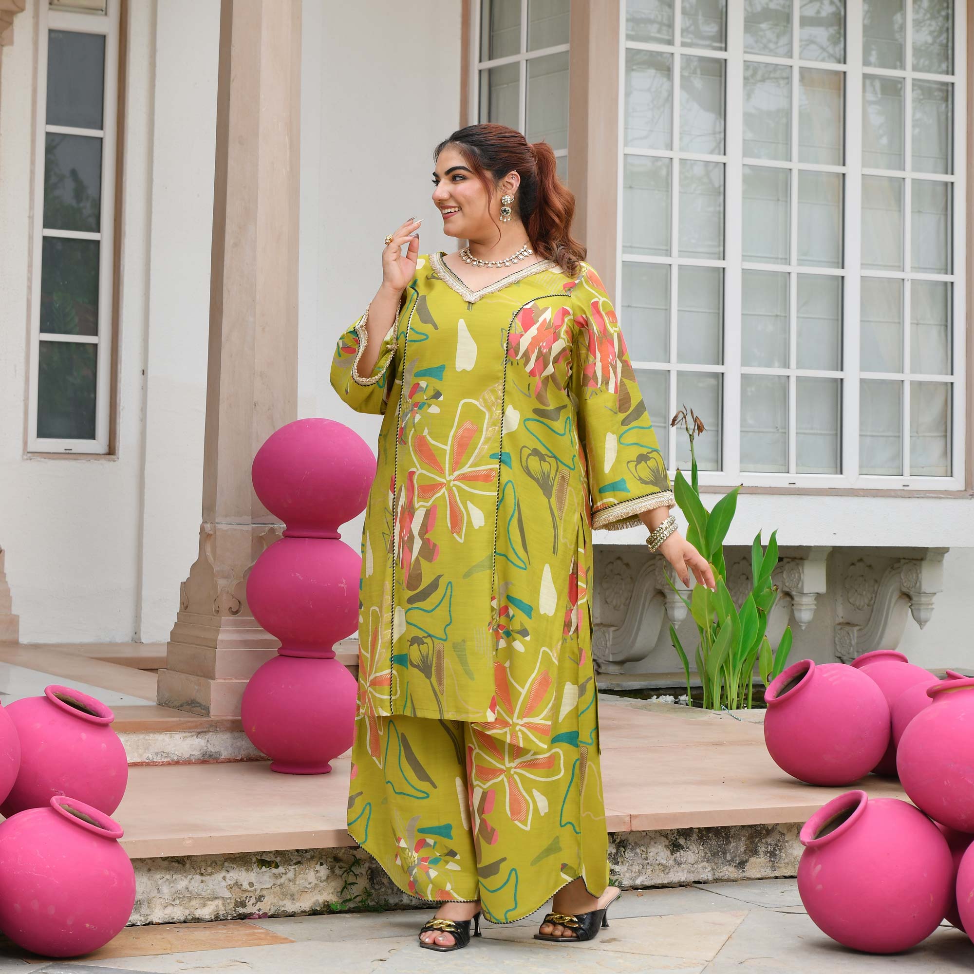 Malvika- Lime Floral Modal Viscose Co-ord Set