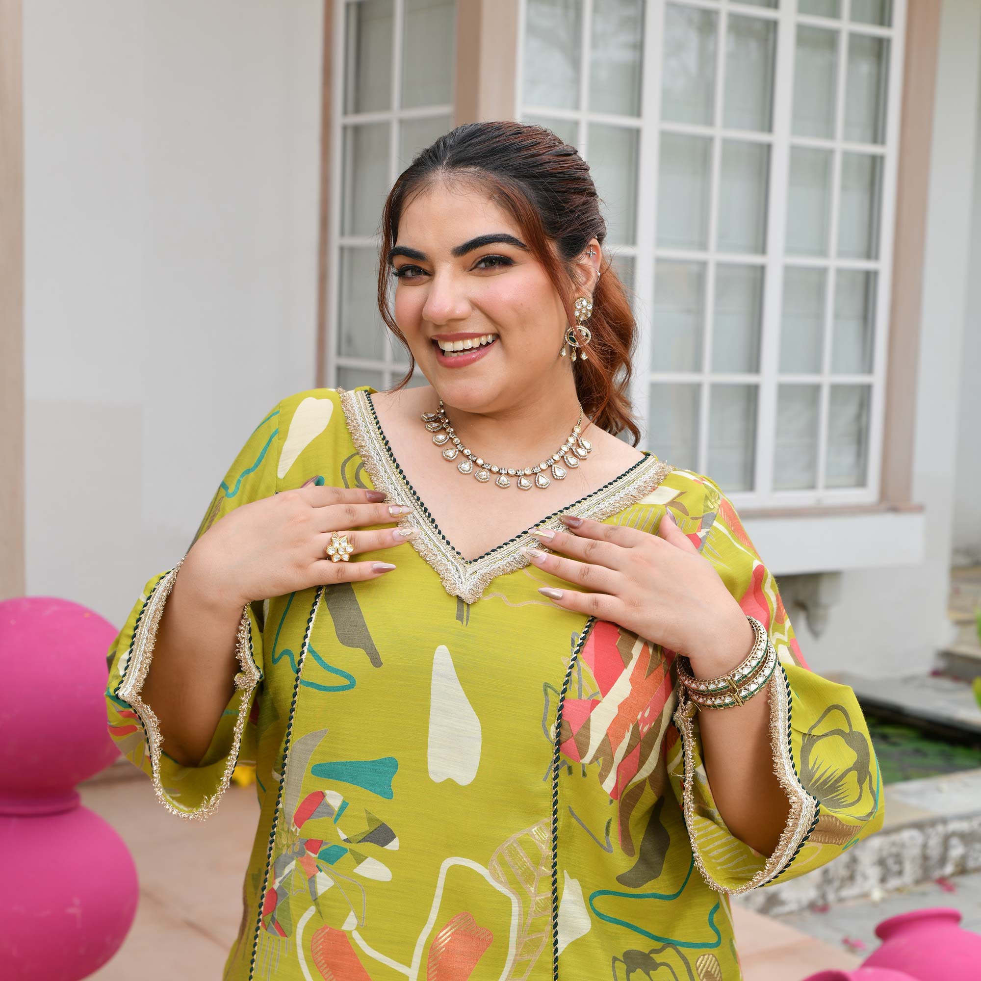 Malvika- Lime Floral Modal Viscose Co-ord Set