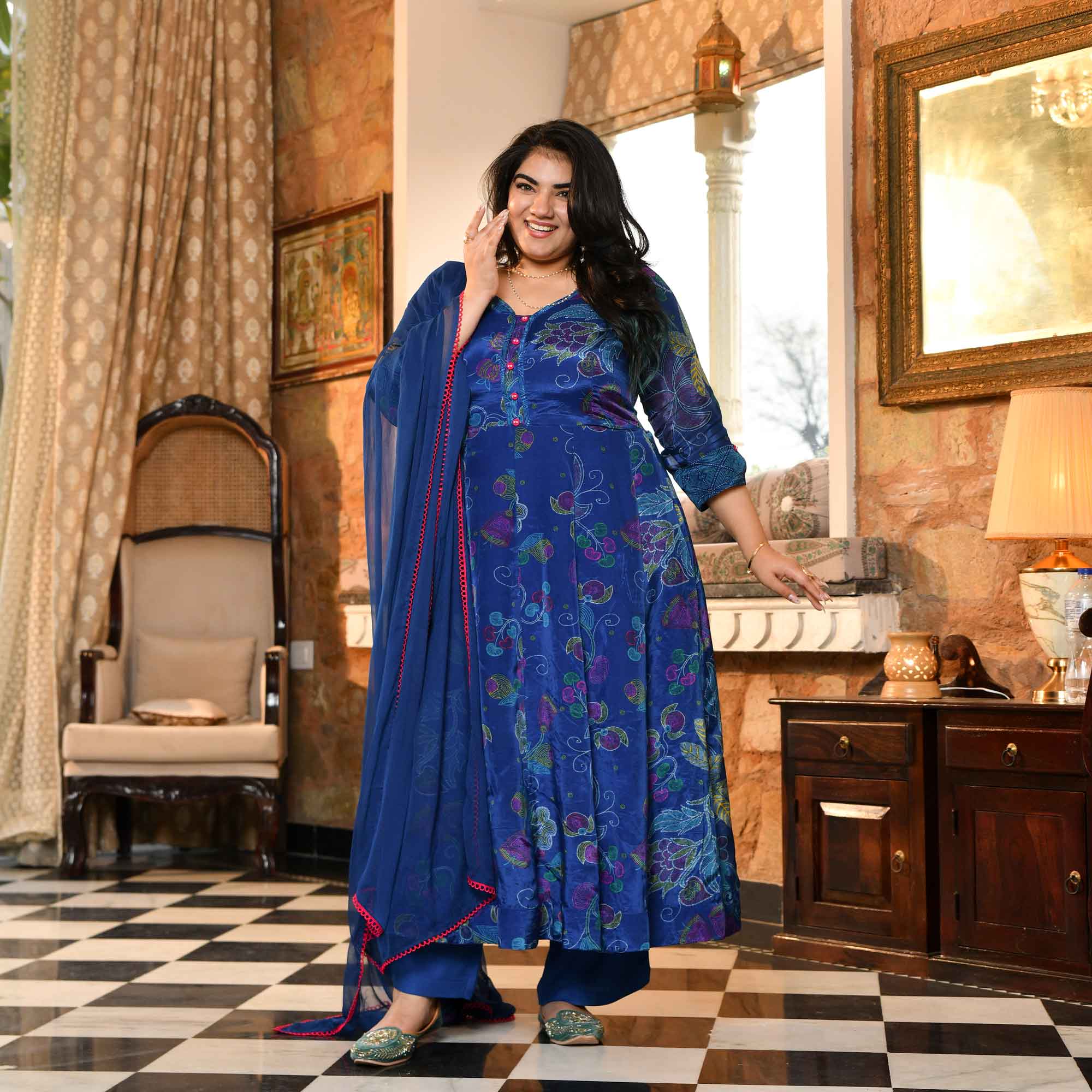 Bluebell Petals- Royal Blue Floral Printed Pure Organza Anarkali Set