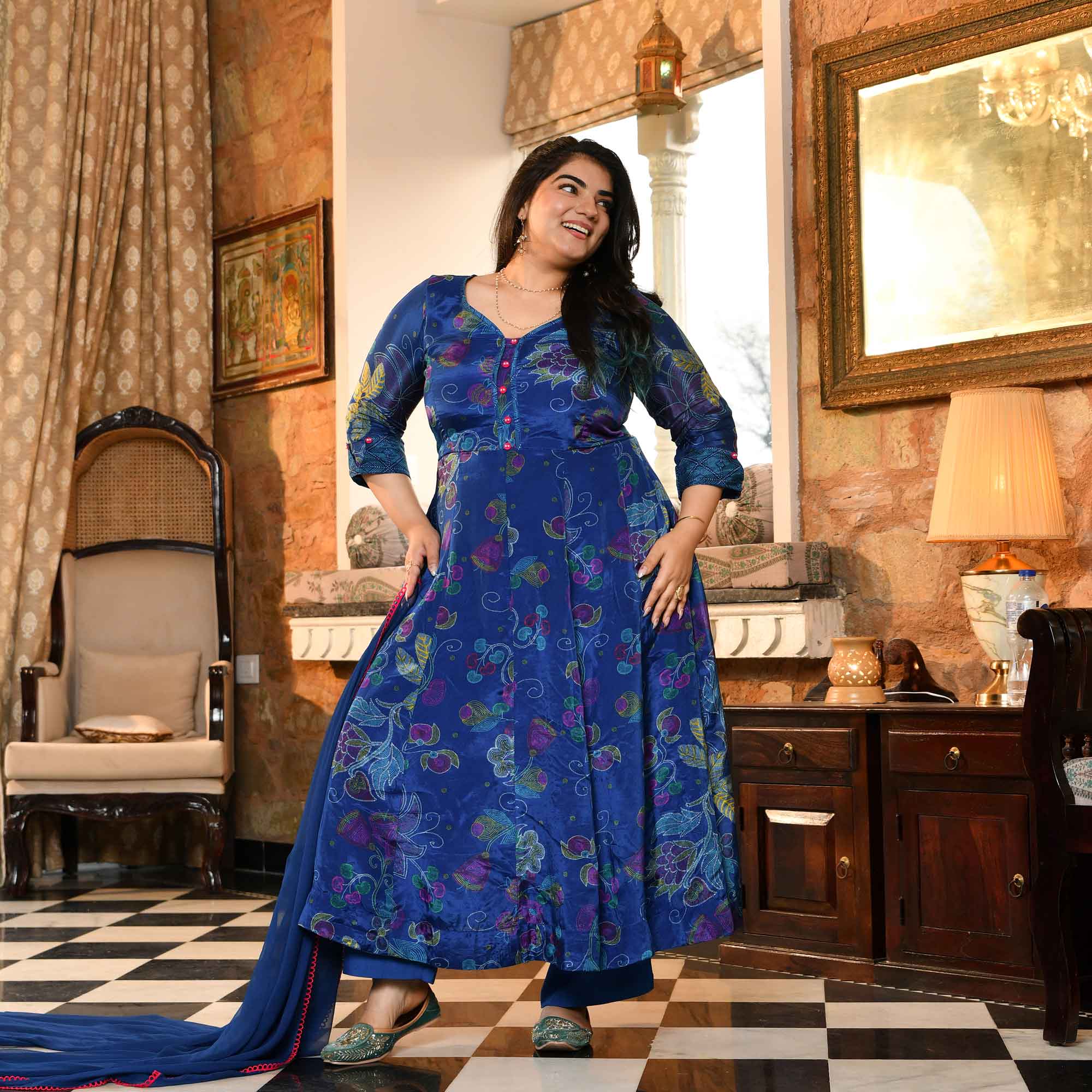 Bluebell Petals- Royal Blue Floral Printed Pure Organza Anarkali Set