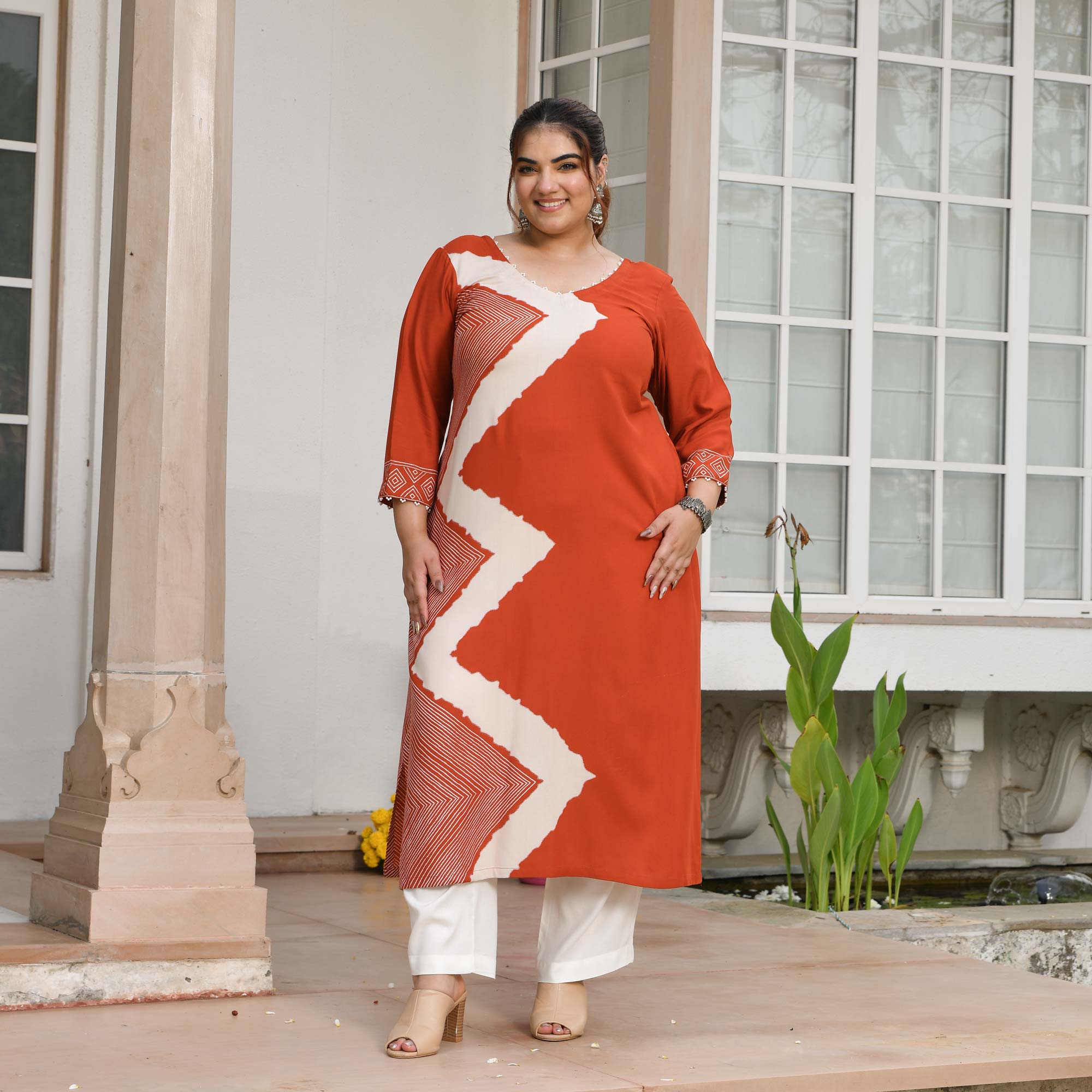 Miranda- Rust Orange Geometrical Print Rayon Cotton Kurta