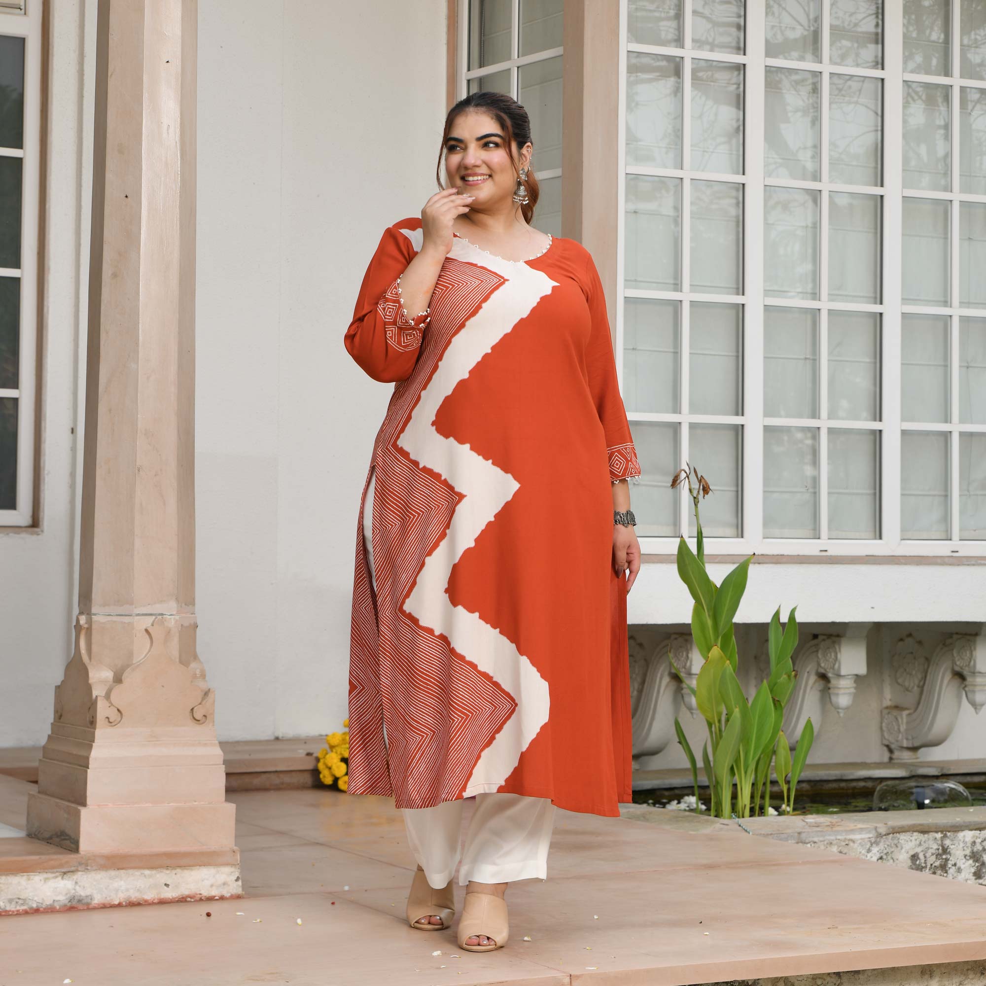 Miranda- Rust Orange Geometrical Print Rayon Cotton Kurta