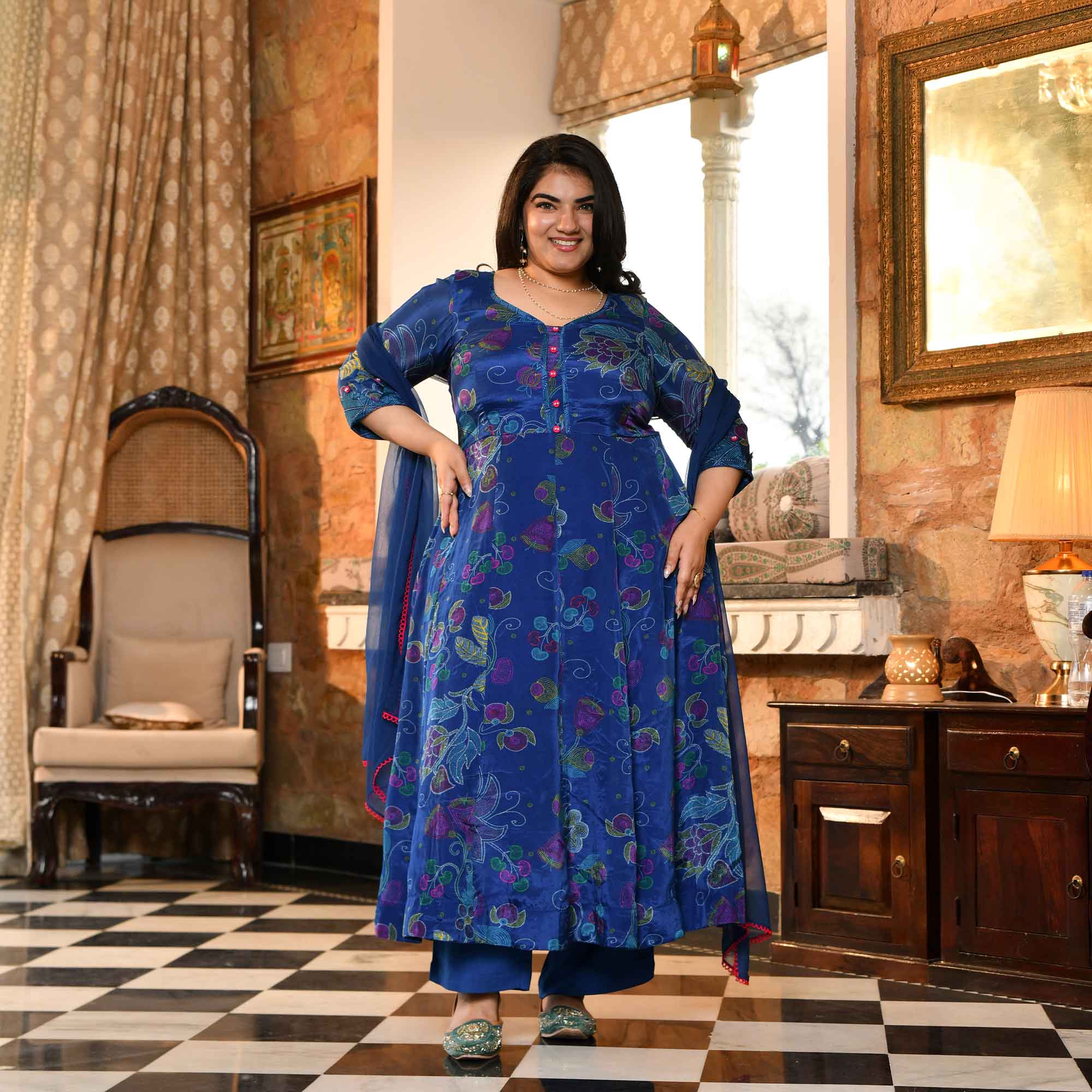 Bluebell Petals- Royal Blue Floral Printed Pure Organza Anarkali Set