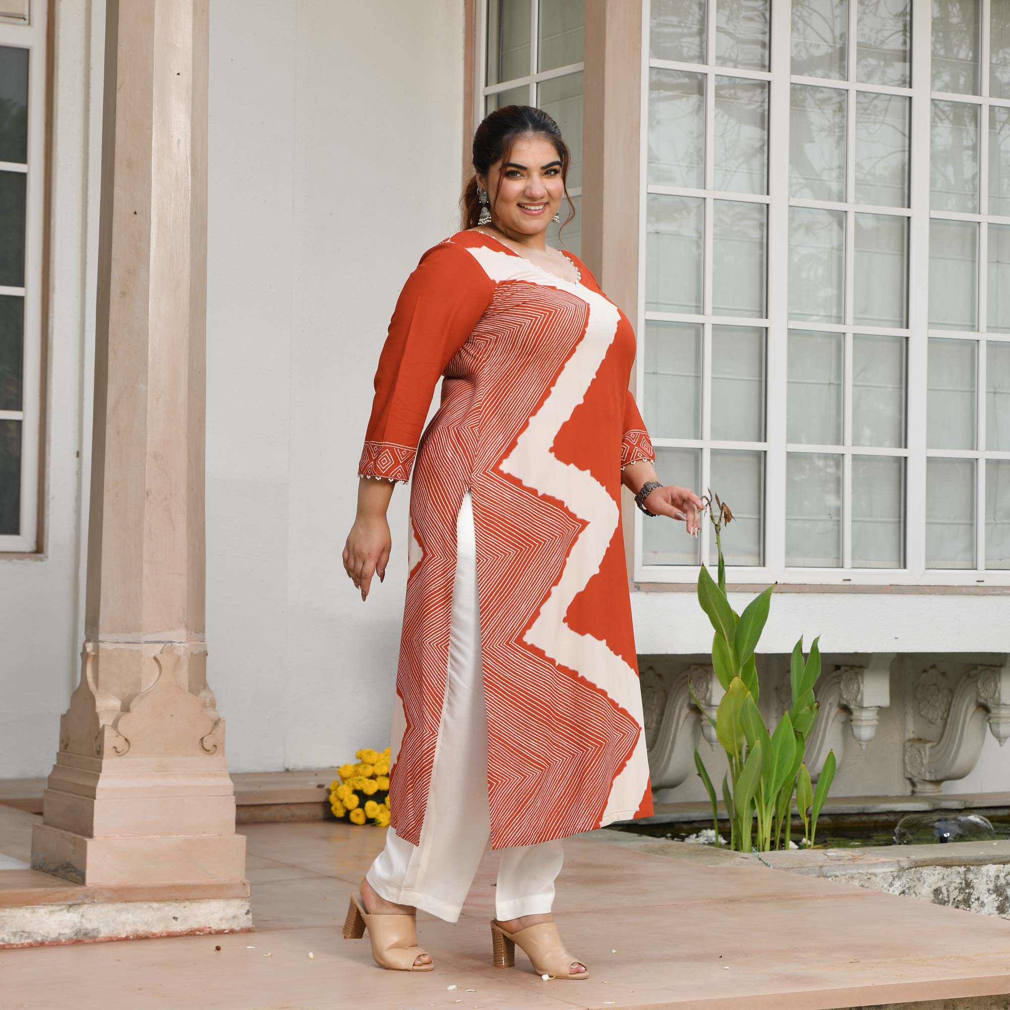 Miranda- Rust Orange Geometrical Print Rayon Cotton Kurta