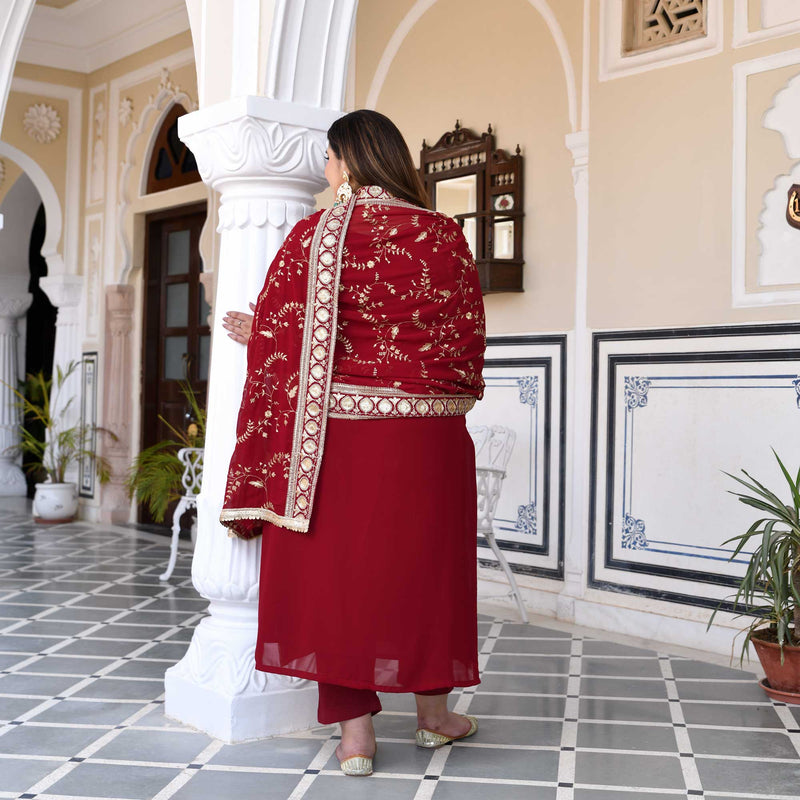 Dark Maroon Zari & Sequin Embroidered Georgette Kurta