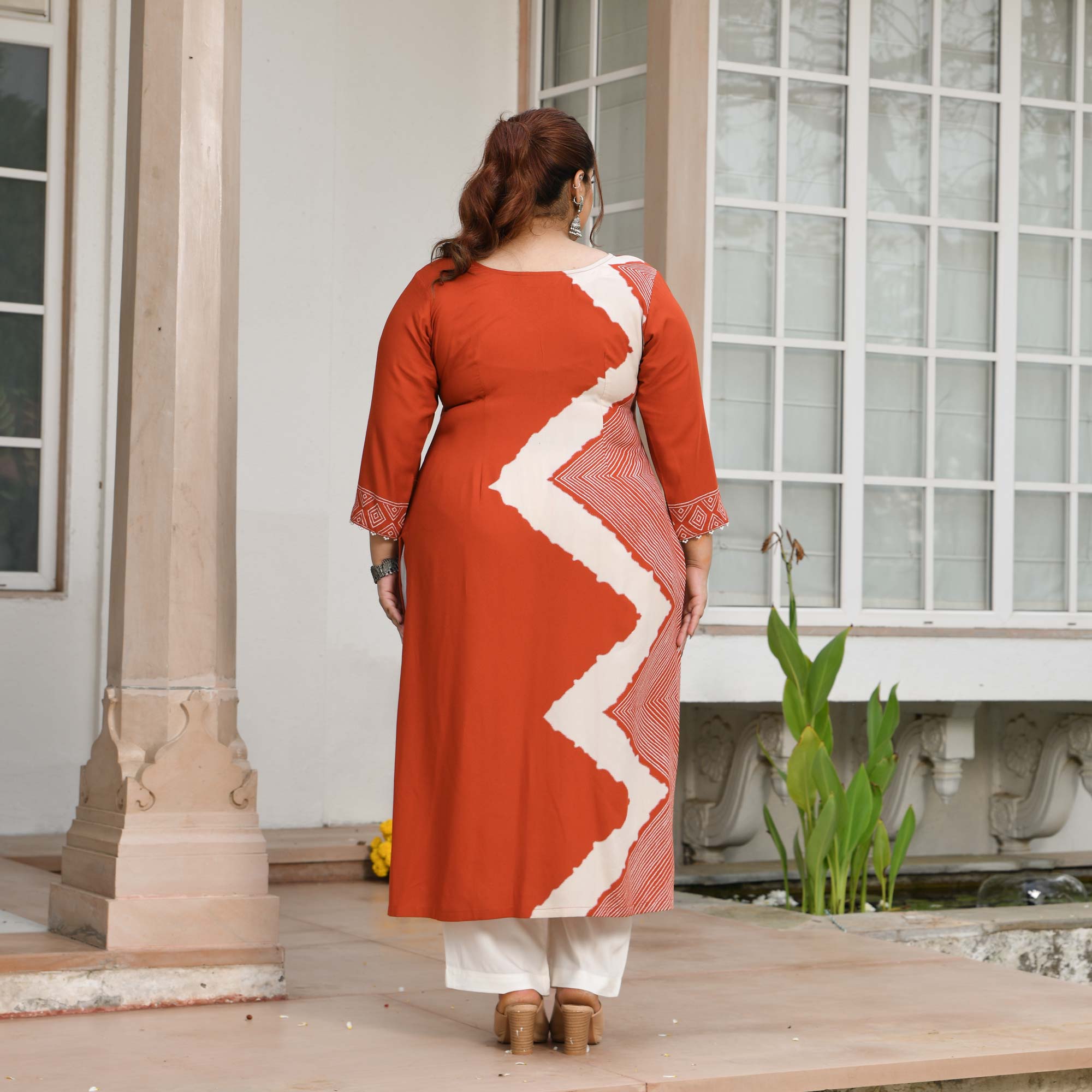 Miranda- Rust Orange Geometrical Print Rayon Cotton Kurta