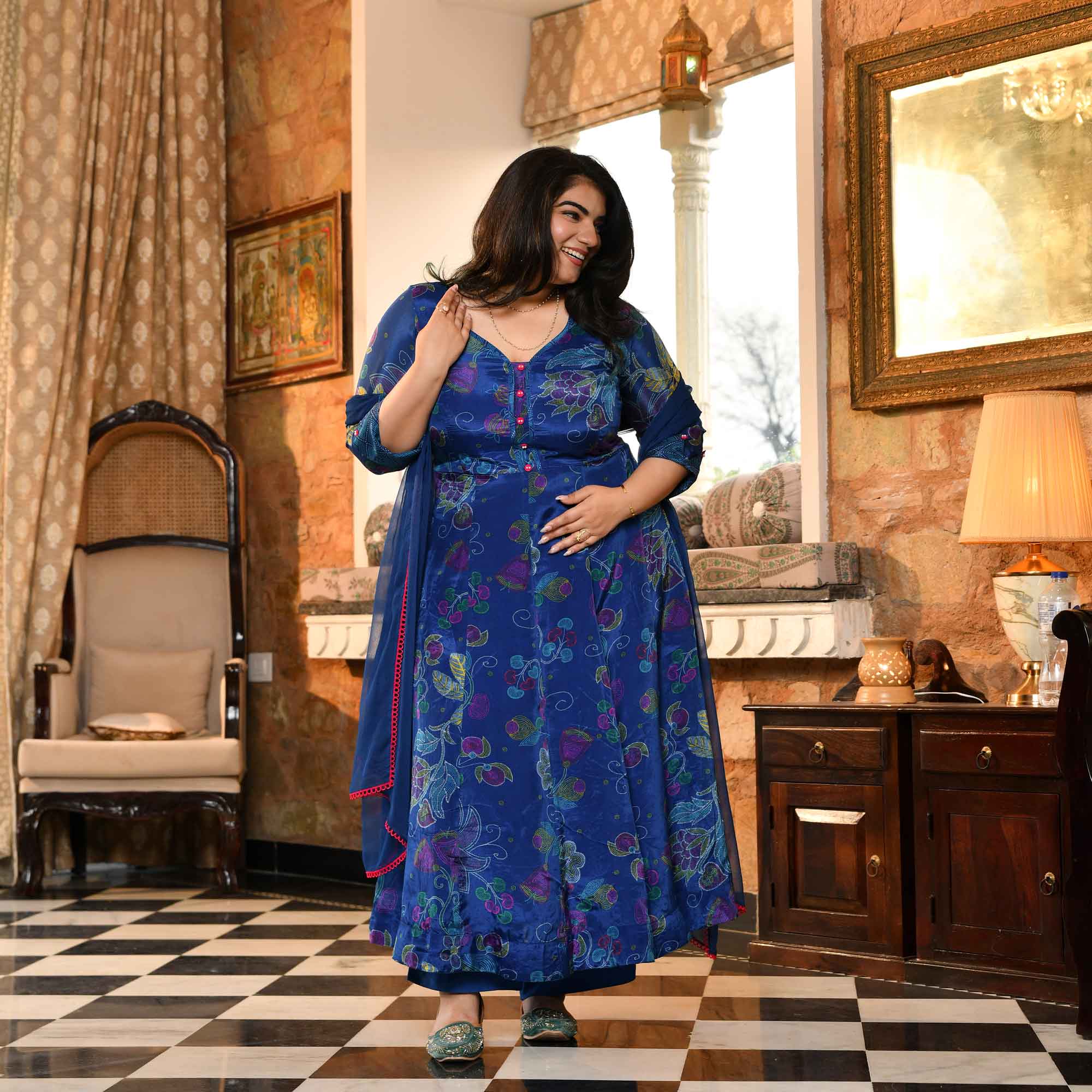 Bluebell Petals- Royal Blue Floral Printed Pure Organza Anarkali Set