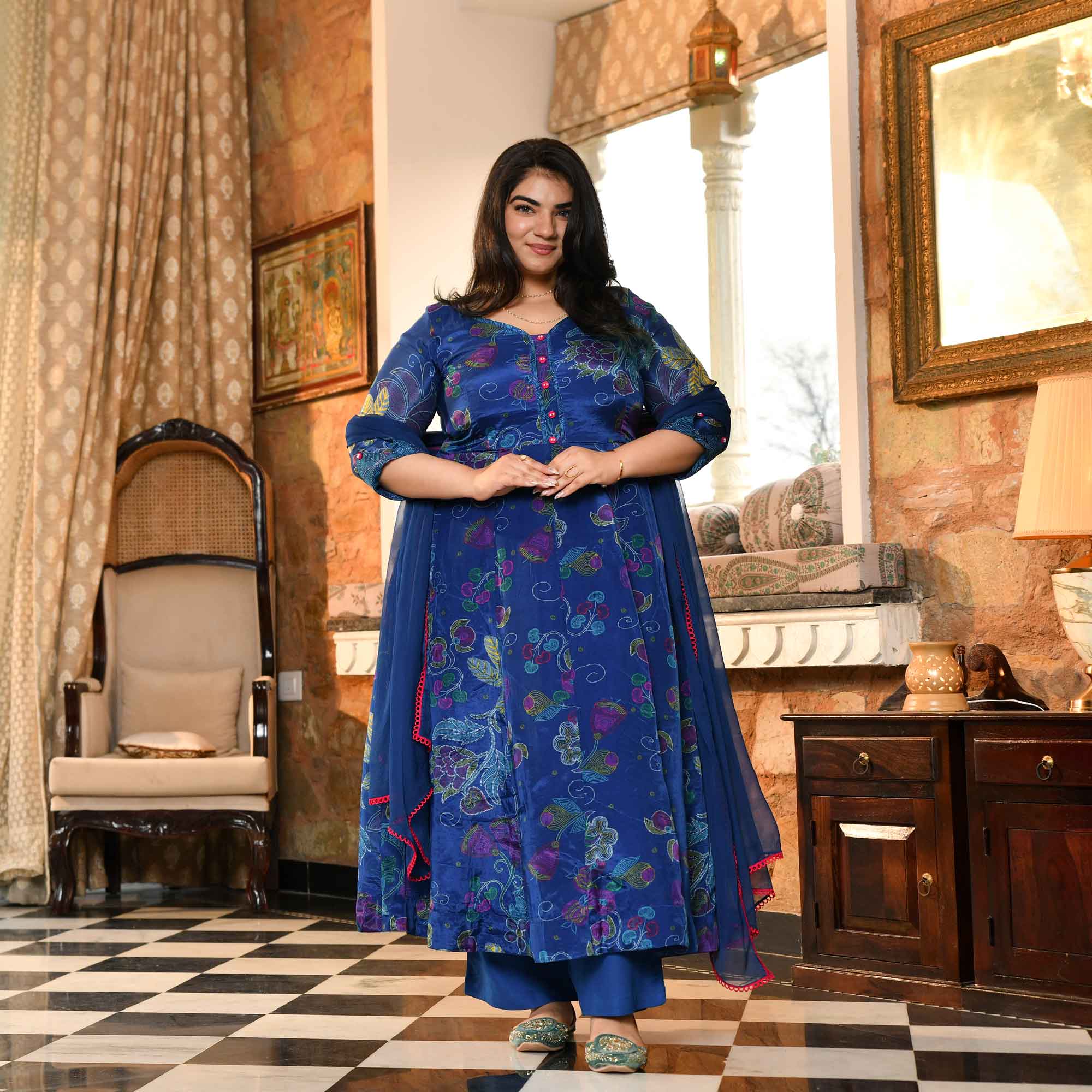 Bluebell Petals- Royal Blue Floral Printed Pure Organza Anarkali Set