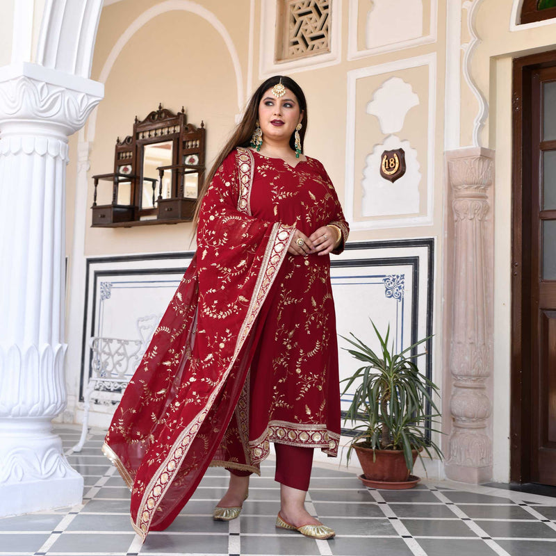 Dark Maroon Zari & Sequin Embroidered Georgette Kurta